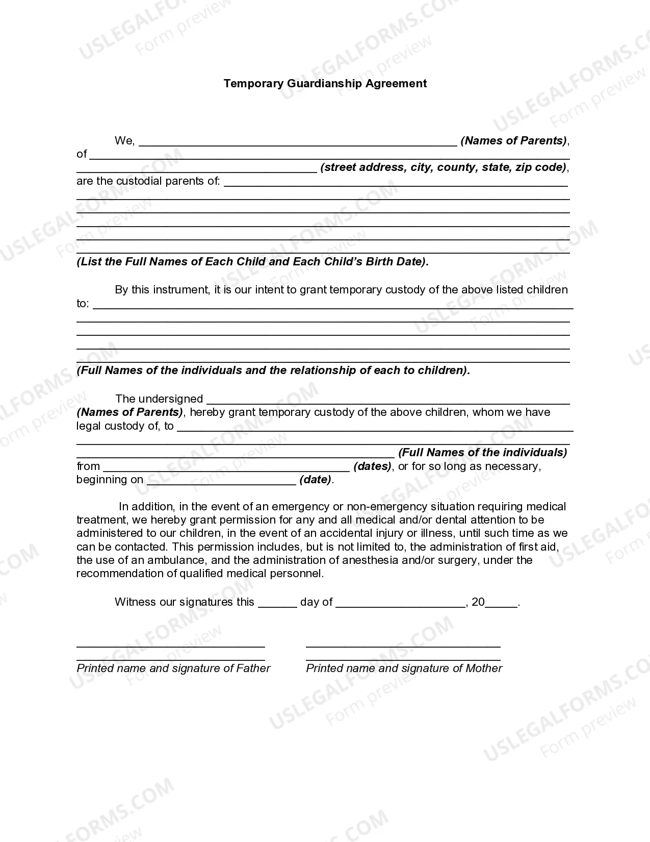 Arkansas Temporary Guardianship Agreement US Legal Forms