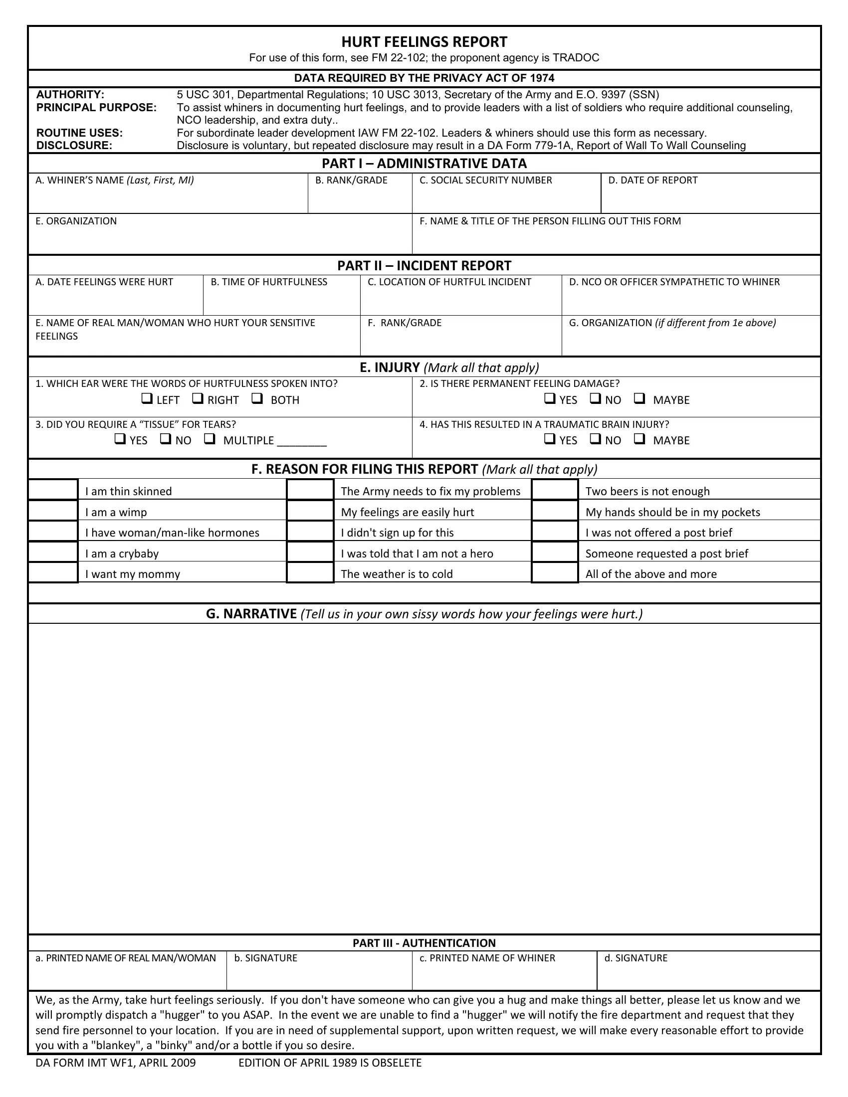Army Hurt Feelings Report Form Fill Out Online