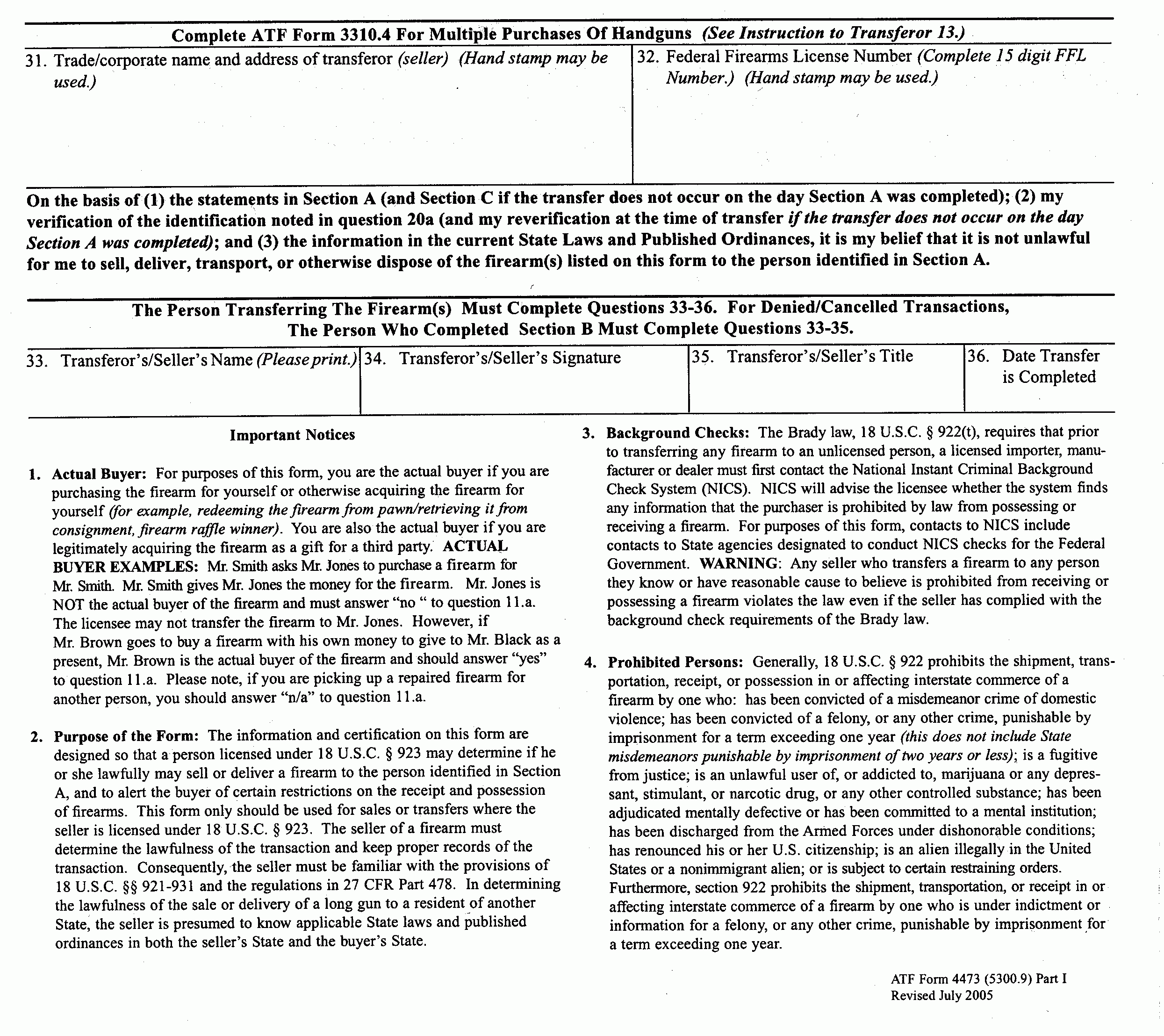 ATF Form 4473 July 2005 Revision