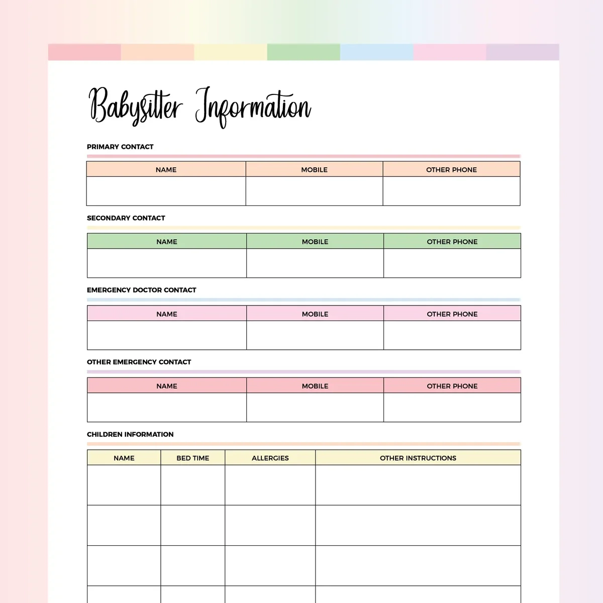 babysitter forms printable free