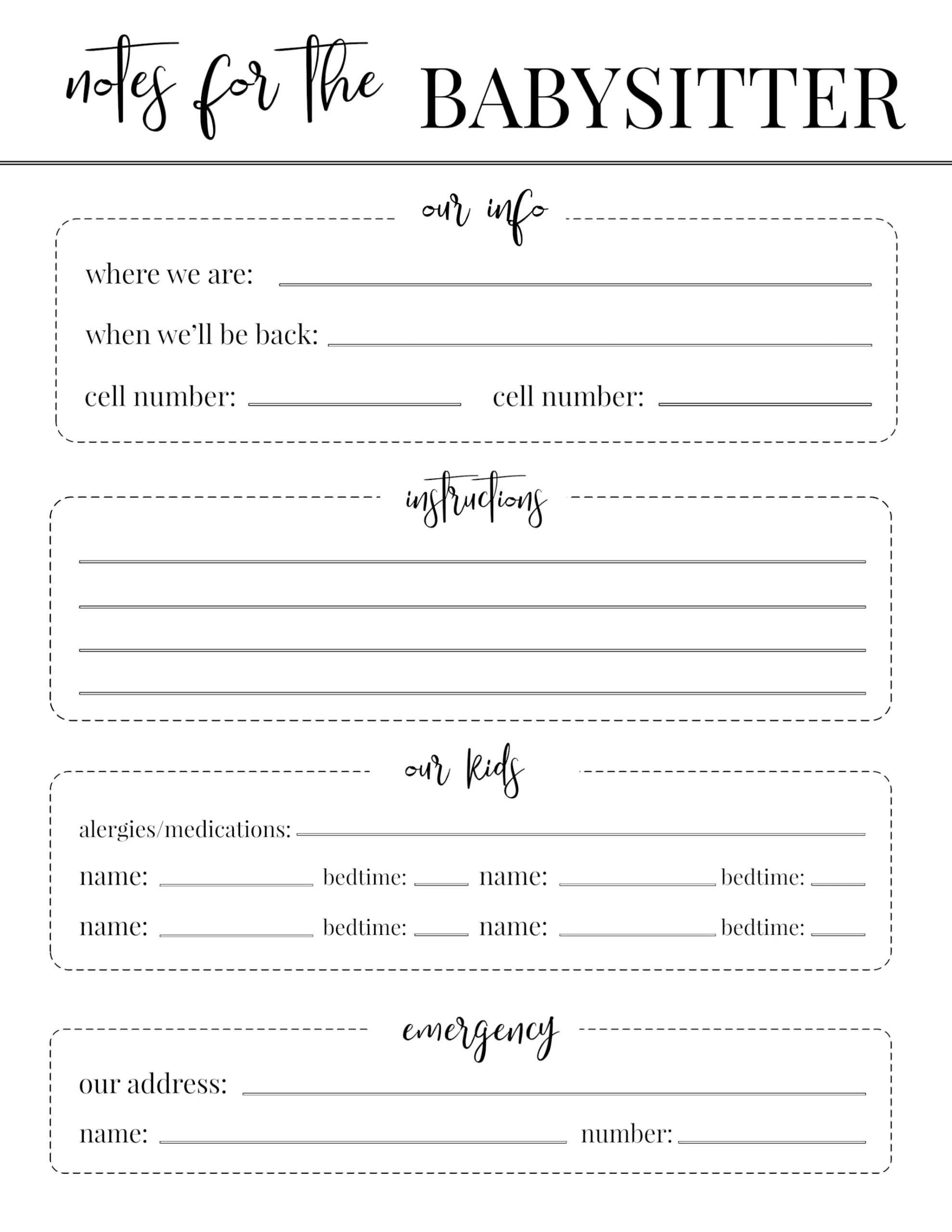 Babysitter Information Template Printable Study Planner