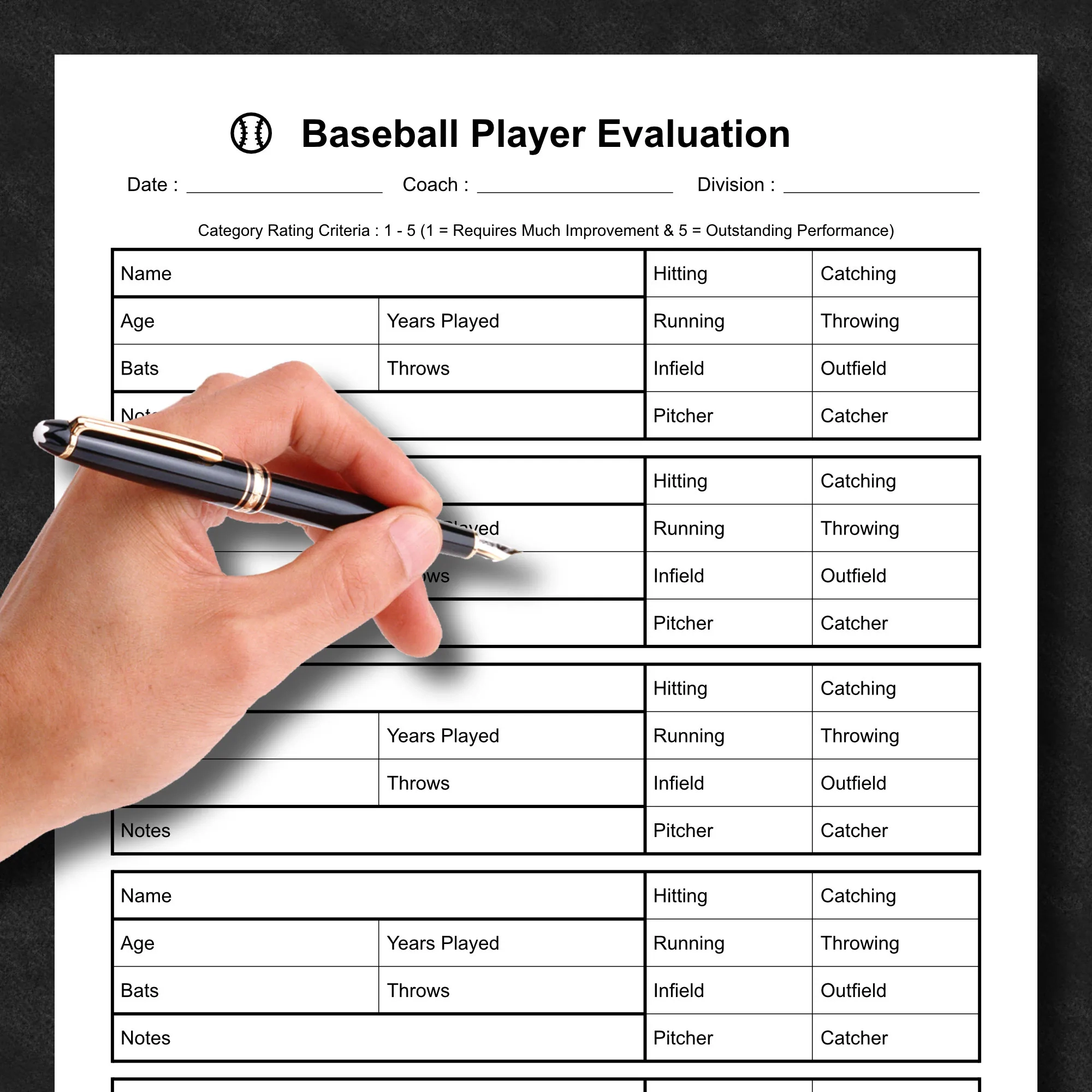 Baseball Player Evaluation skills Assessment Form Printable PDF Instant Digital Download Etsy