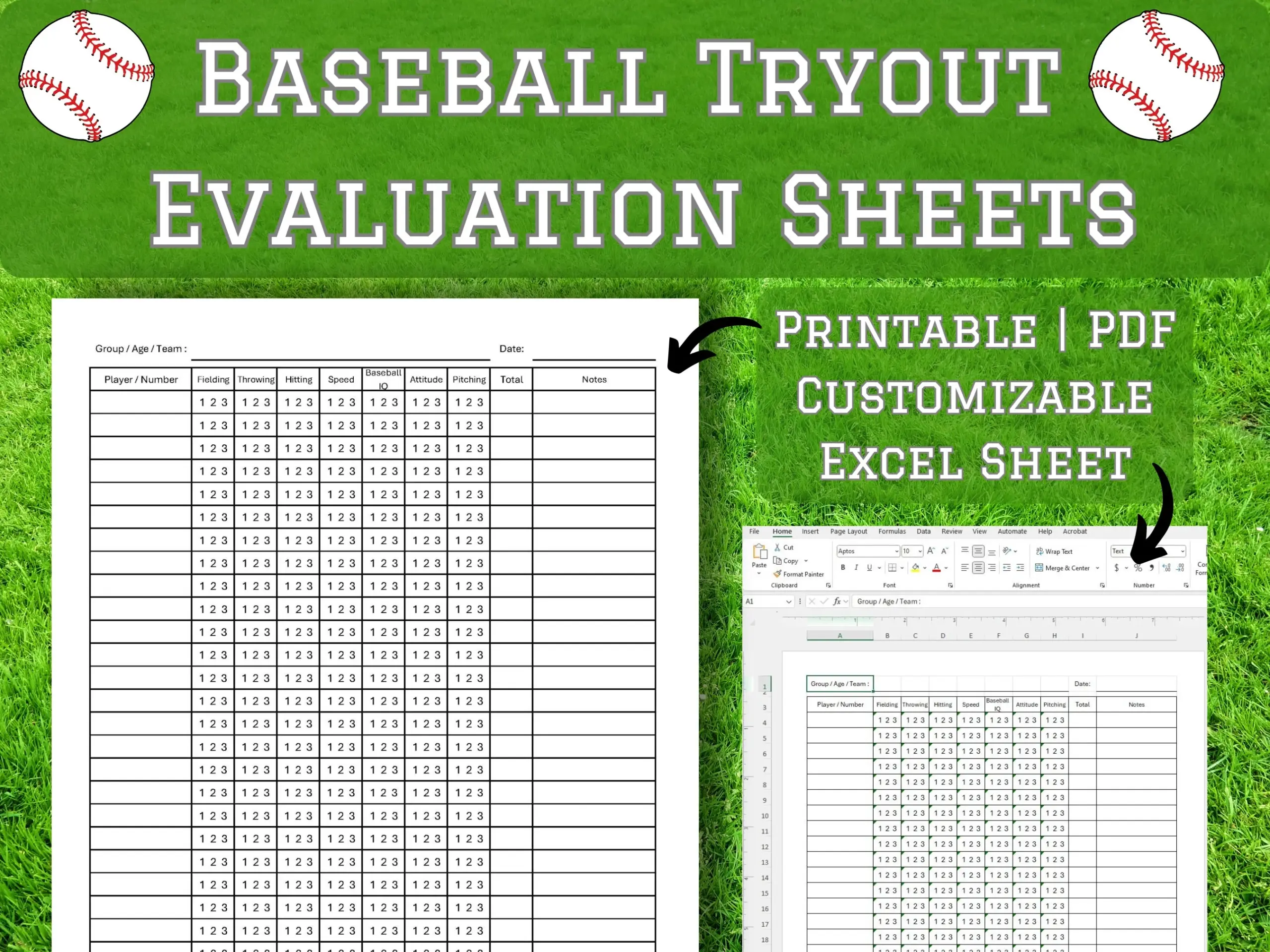 Baseball Tryout Evaluation Sheets PDF Excel Customizable Etsy