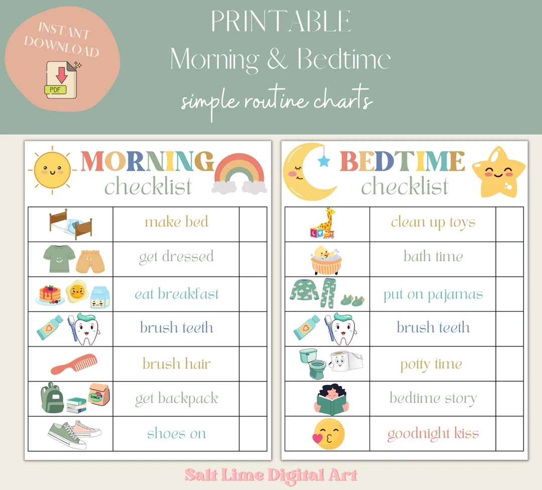 Bedtime Routine For Kids Morning Routine Checklist Printable Responsibility Chart Kids Chart Instant Digital Download PDF Etsy
