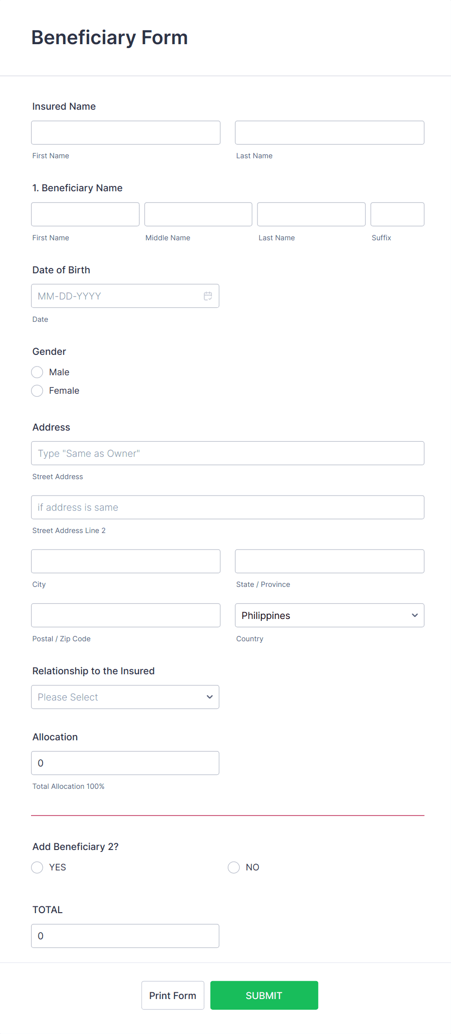 Beneficiary Form Template Jotform