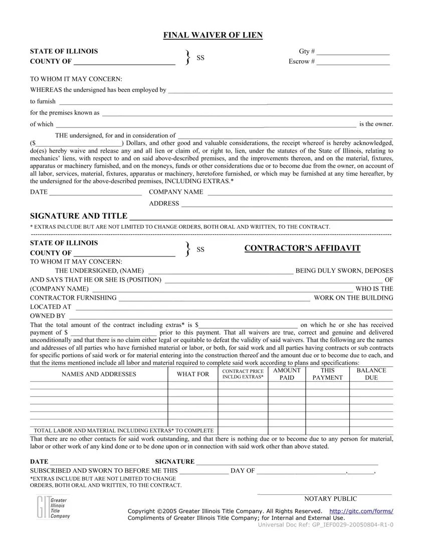 Blank Illinois Final Waiver Of Lien PDF Form FormsPal