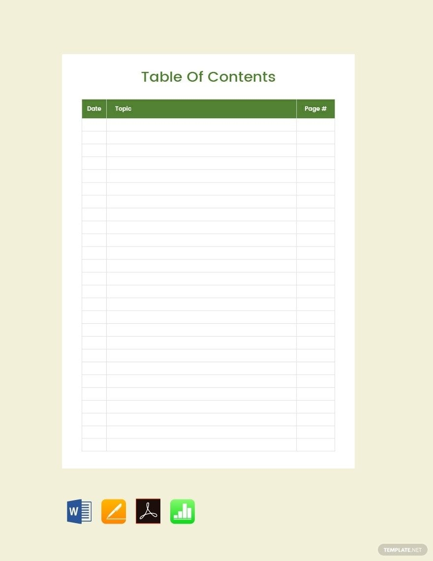 free table of contents template