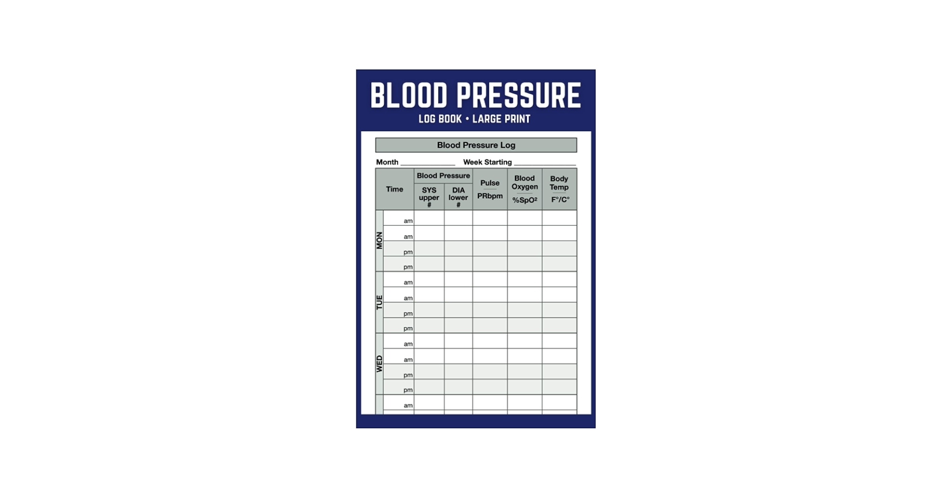 large print blood pressure log