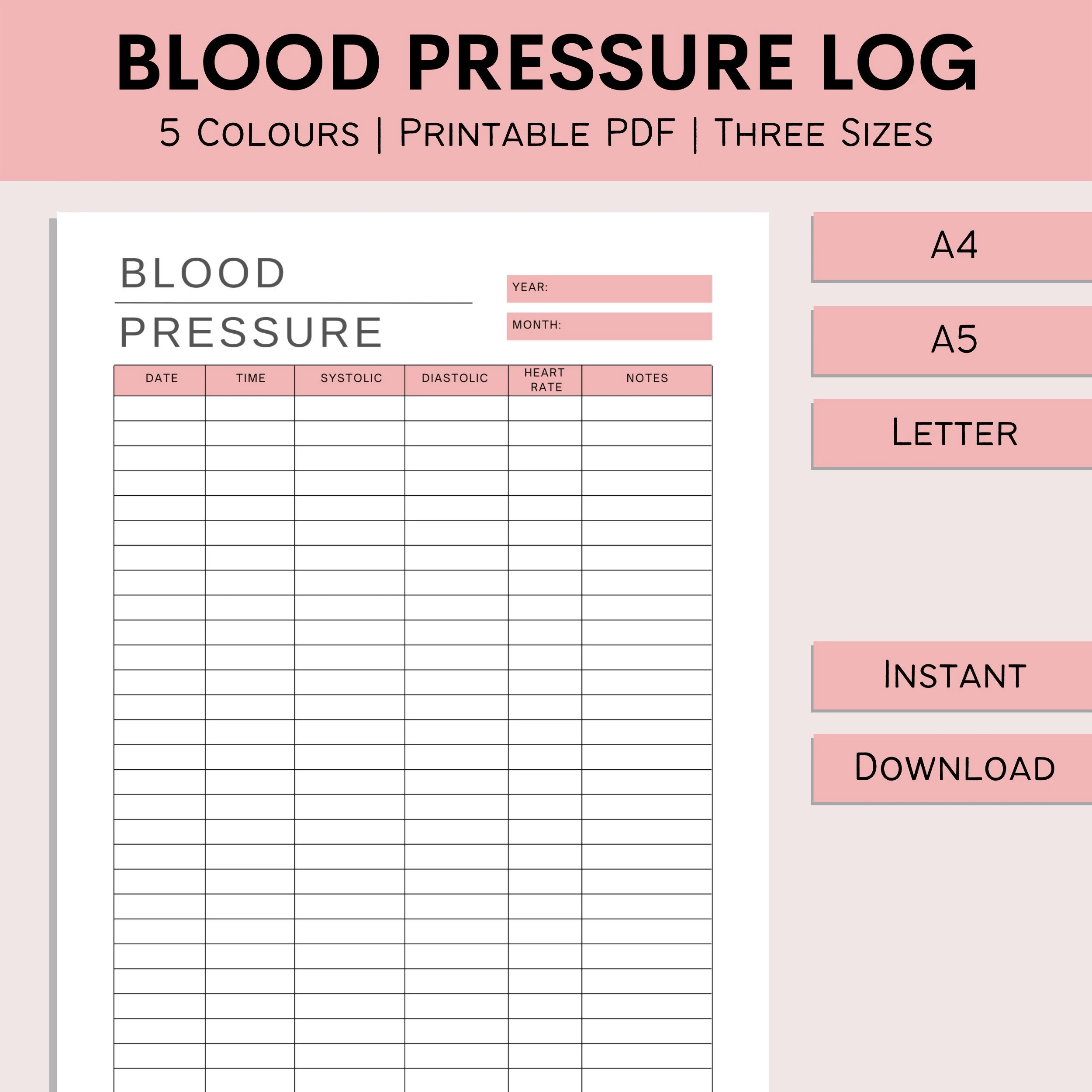 Blood Pressure Log High Blood Pressure Tracker Printable BP Tracker Medical Chart Daily Blood Pressure PDF A4 A5 Letter Etsy