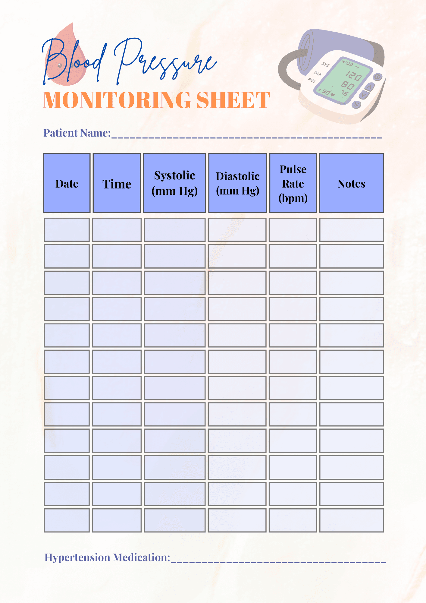 blood pressure monitoring sheet