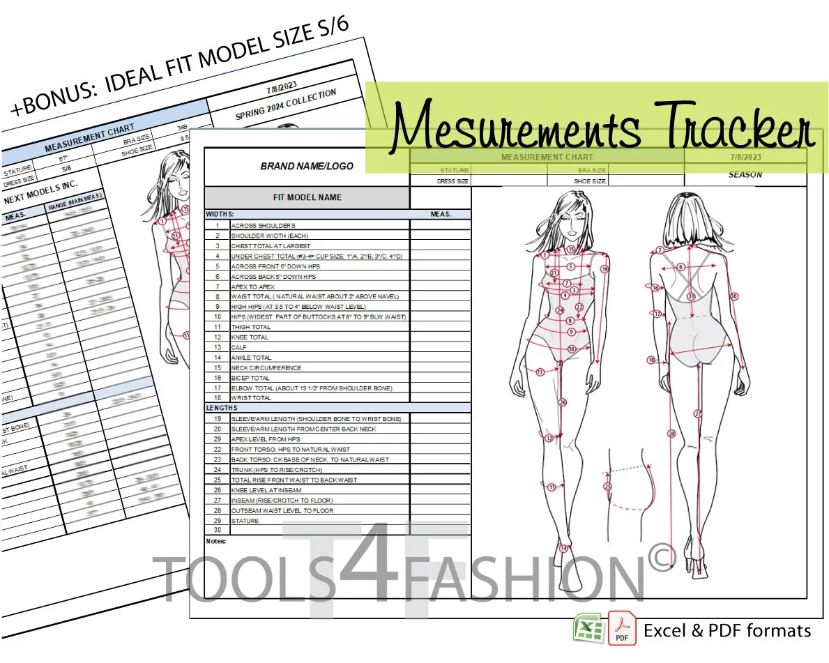Body Measurements Tracker Chart Fashion Design Template excel PDF JPEG Etsy