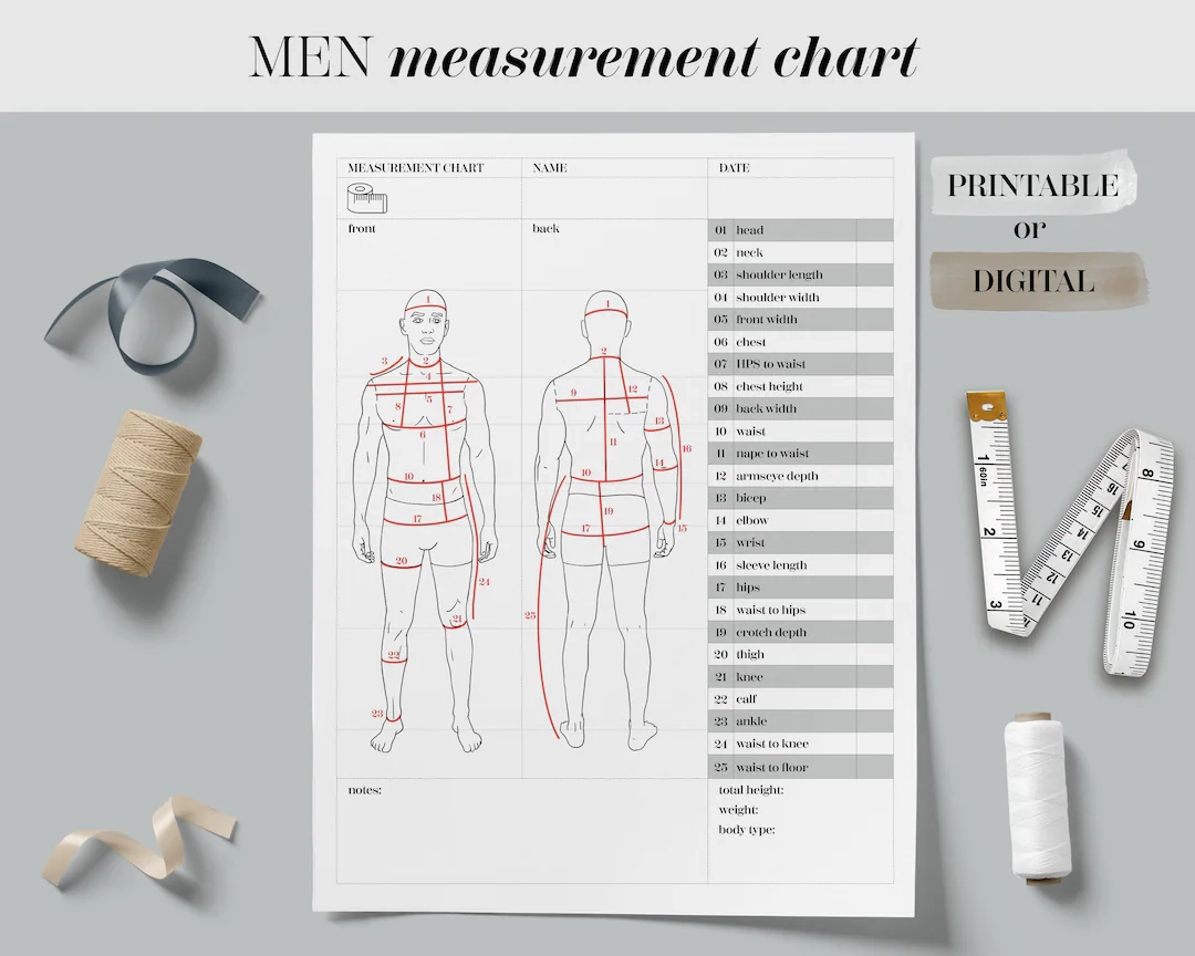Body Size Chart Printable Digital Men Body Measurement Template Sewing Size Chart Body Measurements Tracker Men Fashion Measurement Etsy