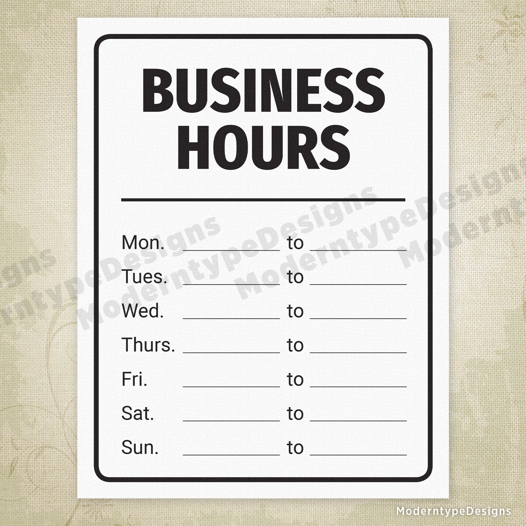 Business Hours Printable Sign Editable