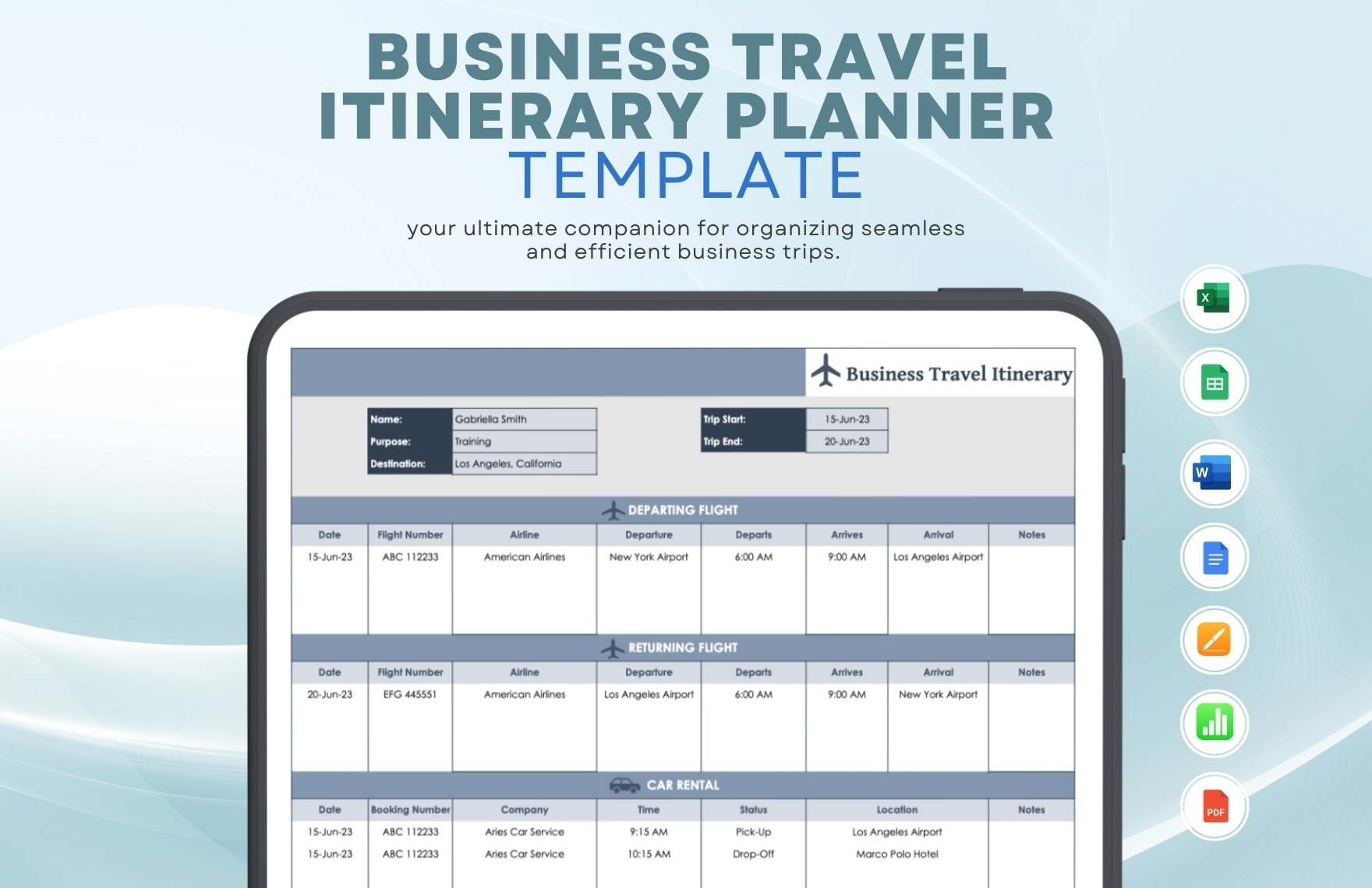 Business Travel Itinerary Planner Template In Apple Pages Apple Numbers Word Google Docs PDF Excel Google Sheets Download Template