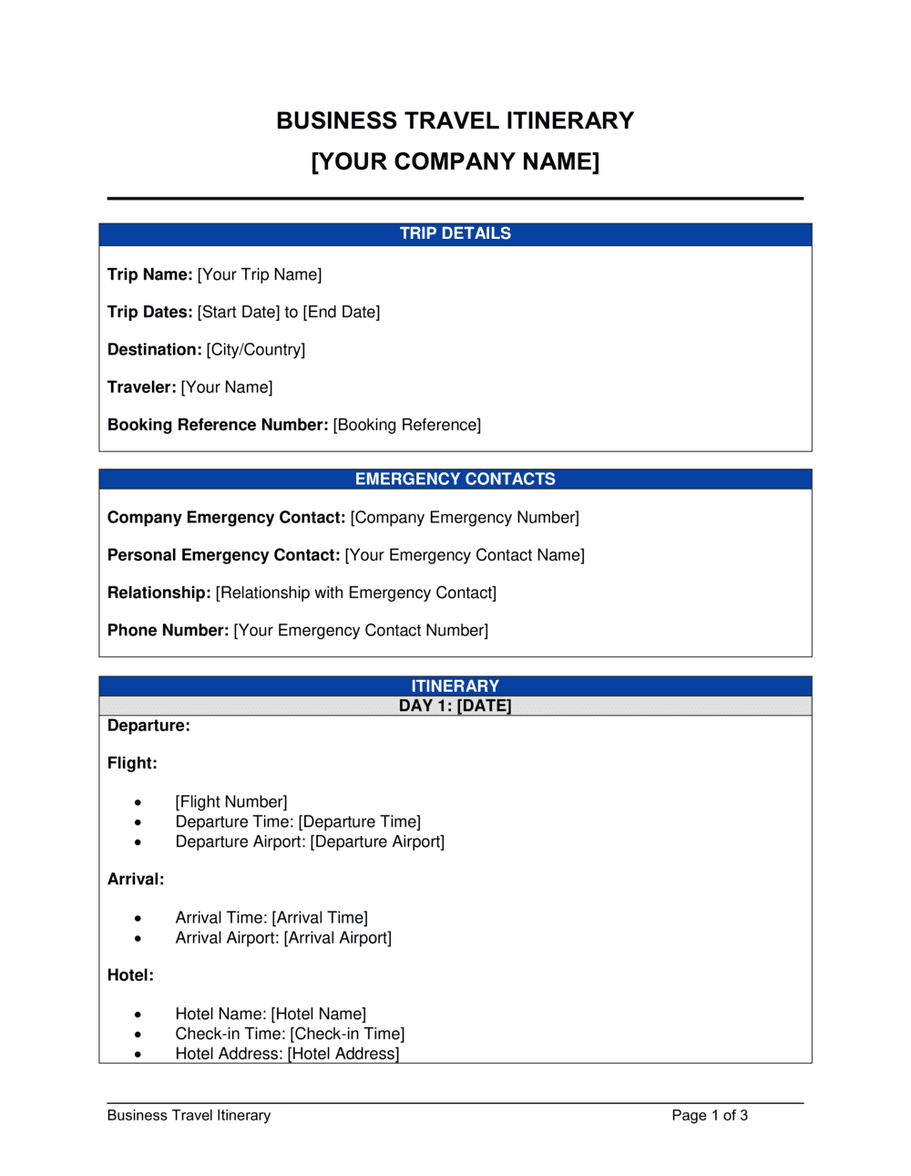 Business Travel Itinerary Template Free Word PDF