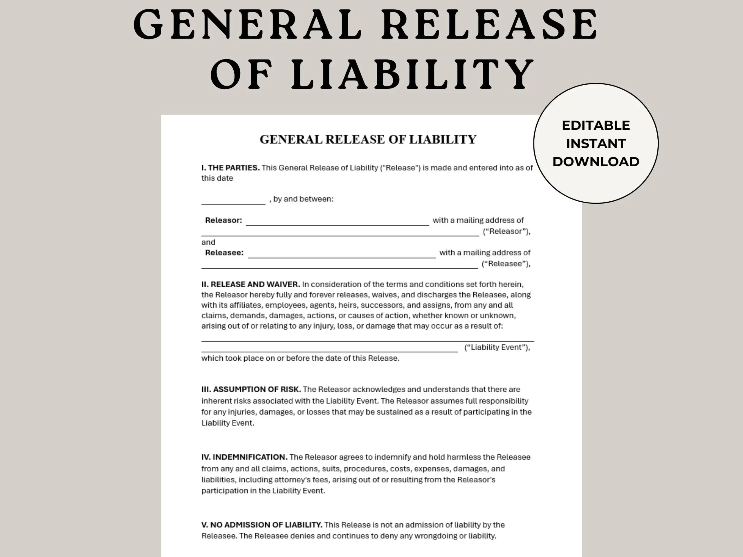 printable general release of liability form