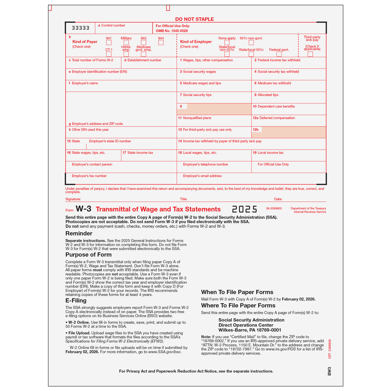 BW305 Form W 3 Transmittal Employers Federal NelcoSolutions
