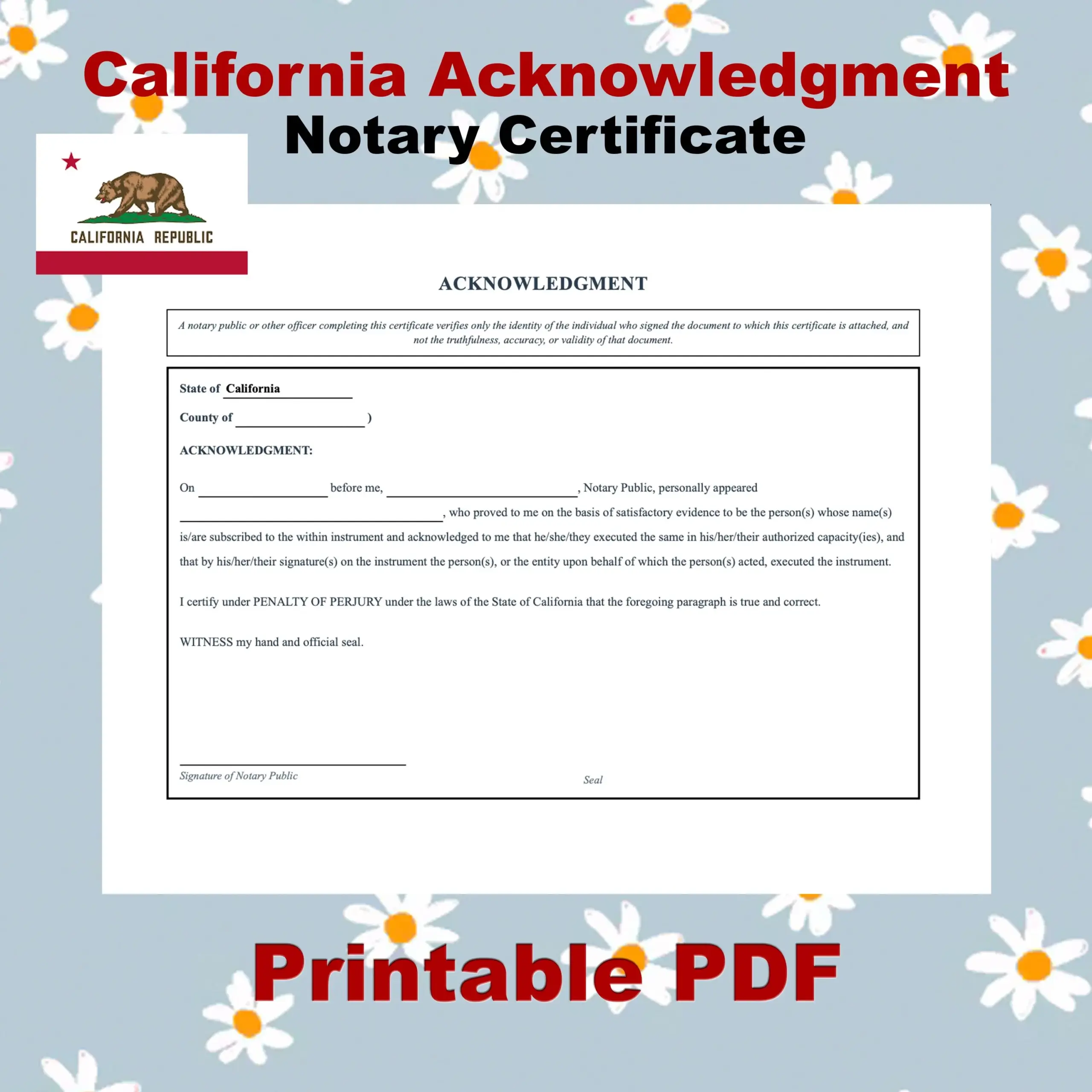 California Notary Acknowledgement Form Etsy