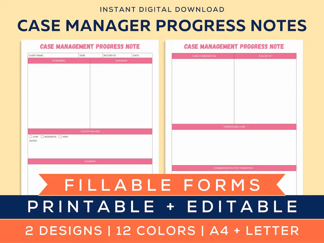 Case Manager Progress Notes Fillable Printable Editable Form Social Workers Clients support Systems Mental Health Case Notes Template Etsy
