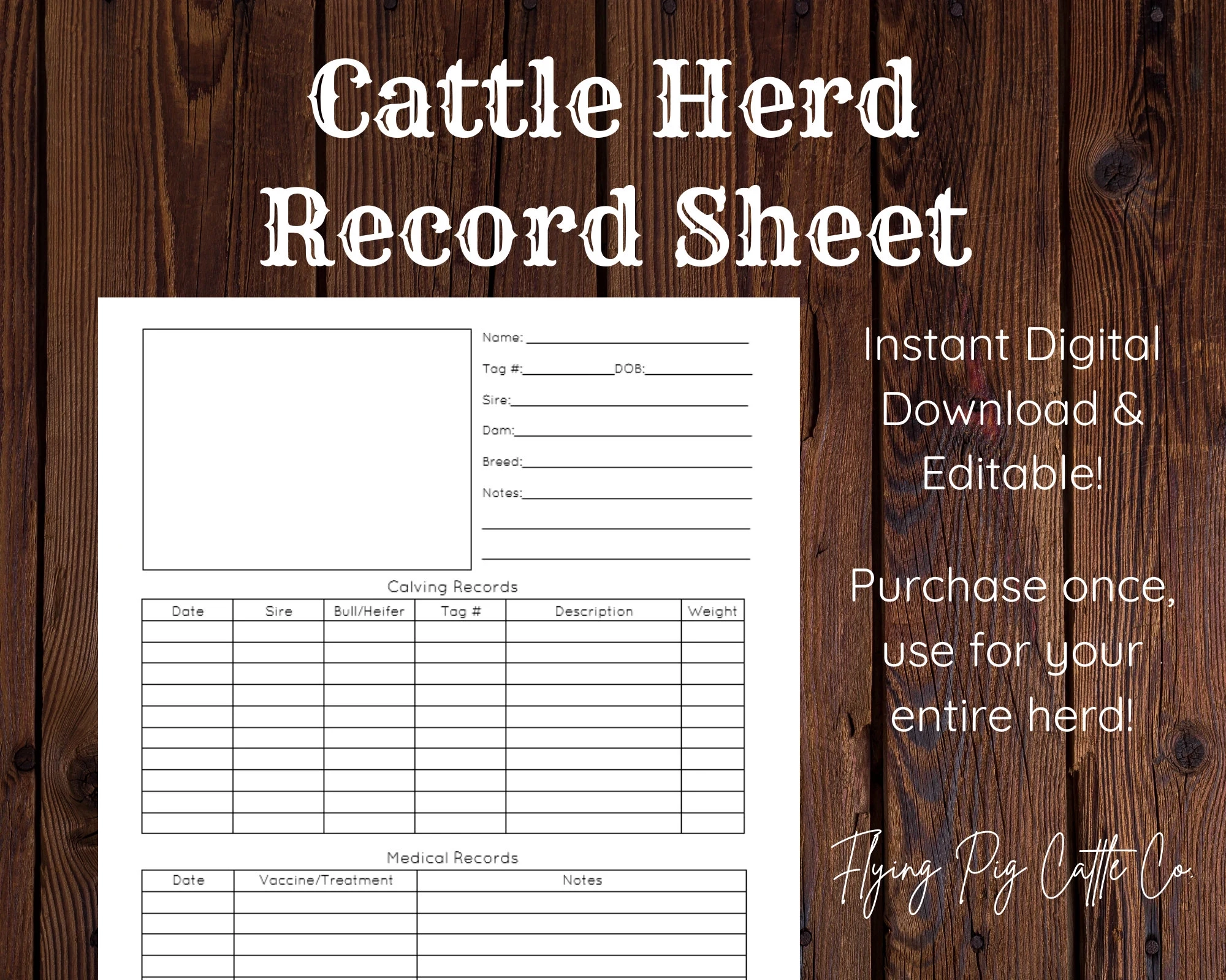 Cattle Herd Record Sheet Editable Instant Digital Download Record Keeping Farm Management Etsy