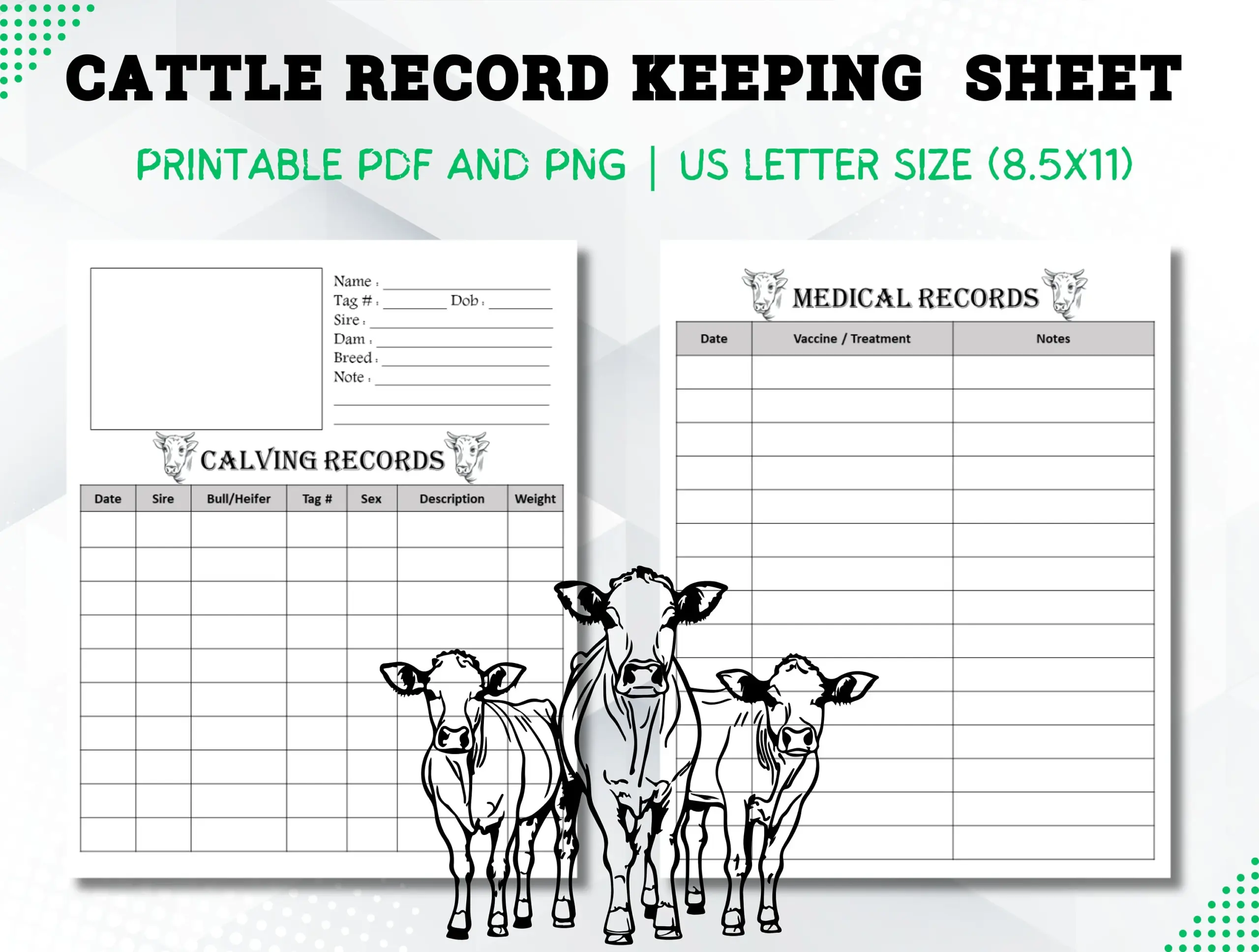 Cattle Record Keeping Sheet Calving Medical Records PDF PNG Etsy