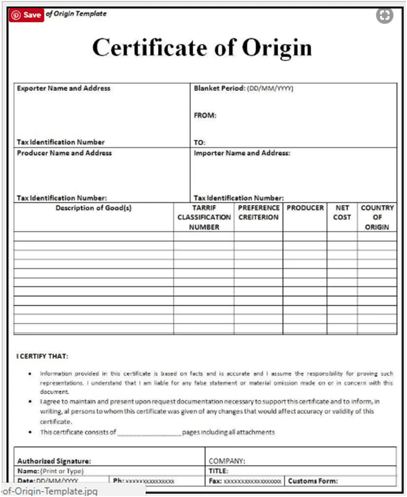 Certificate Of Origin Template Form Certificate Of