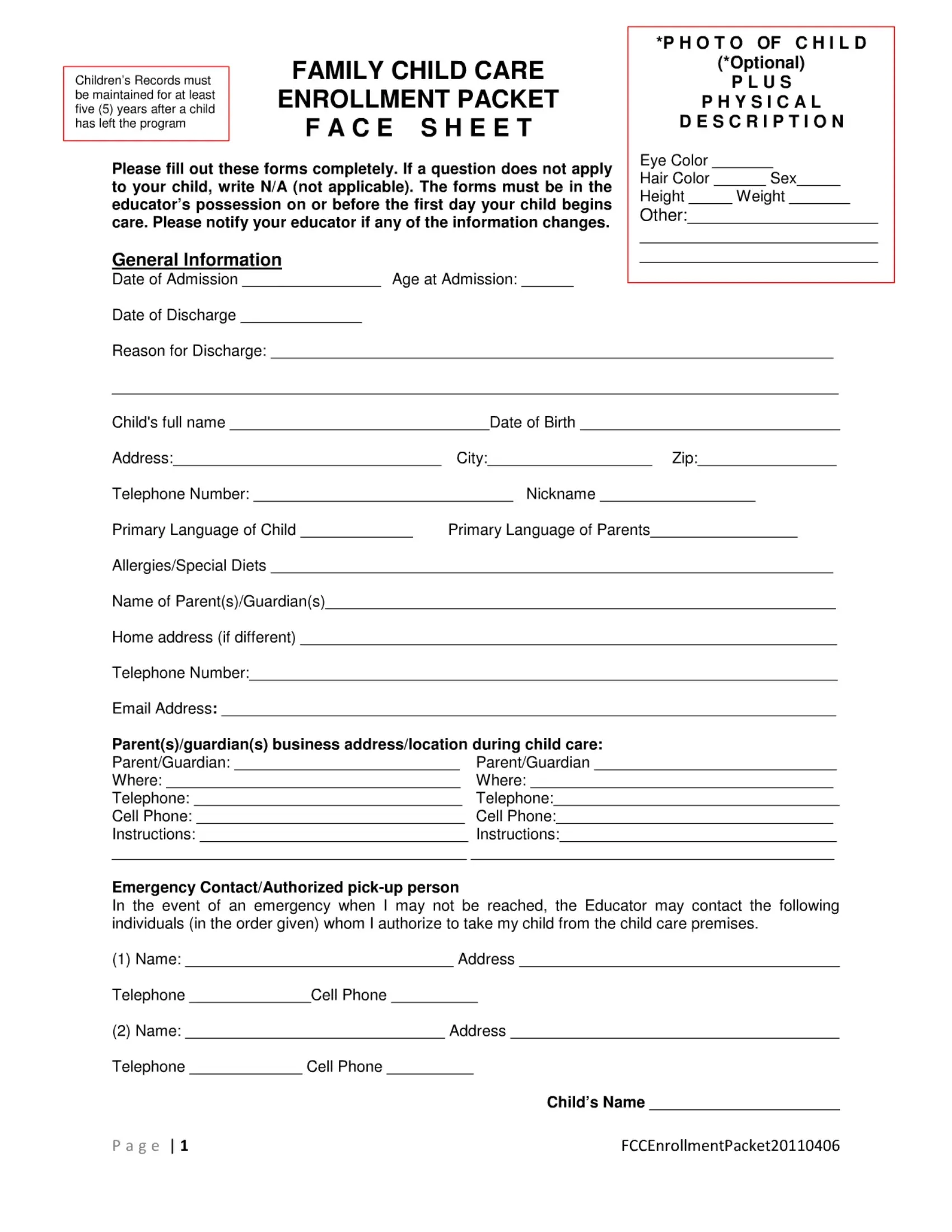 Child Enrollment Packet Form Fill Out Printable PDF