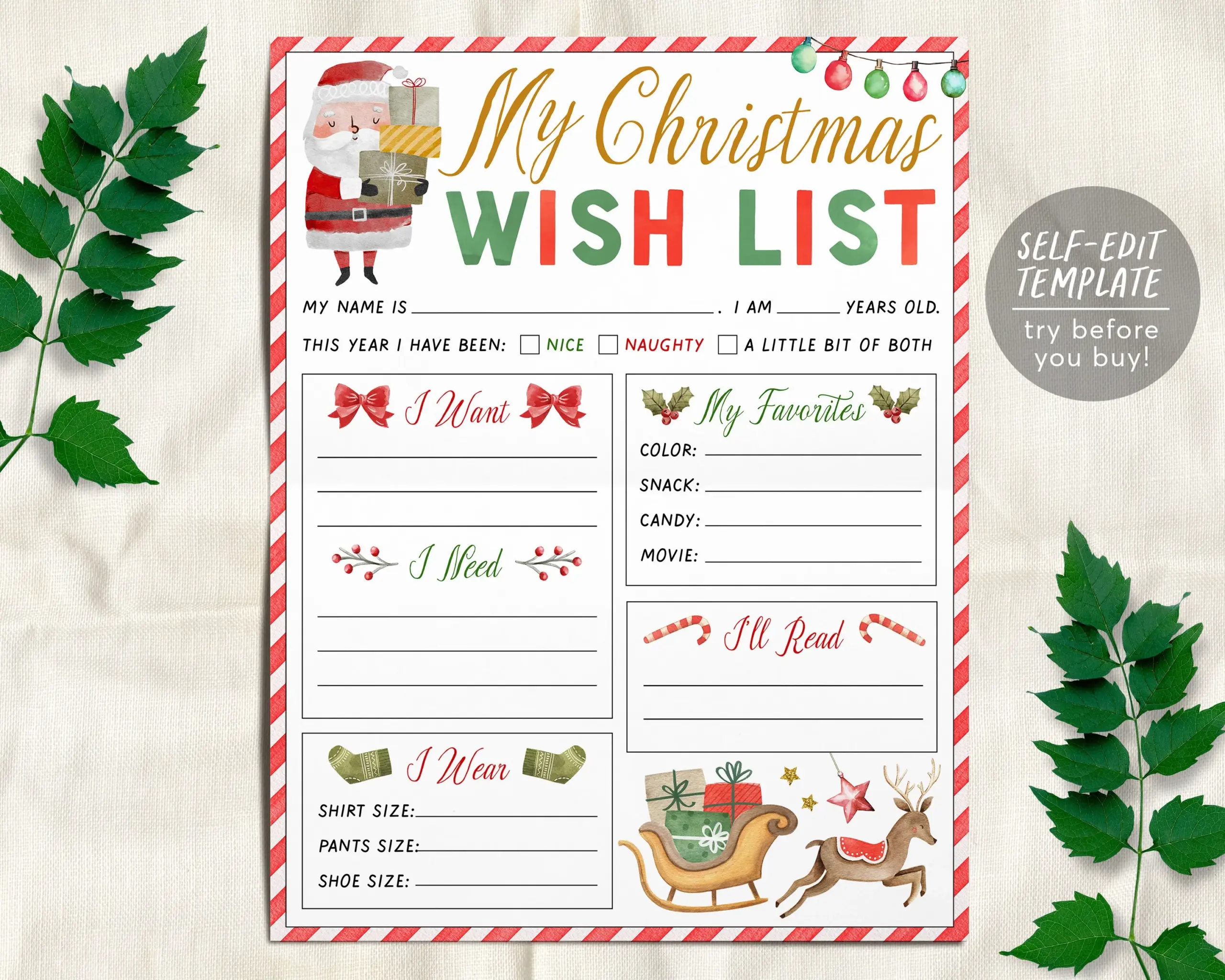Christmas Wish List For Kids Editable Template Personalized Holiday W Puff Paper Co