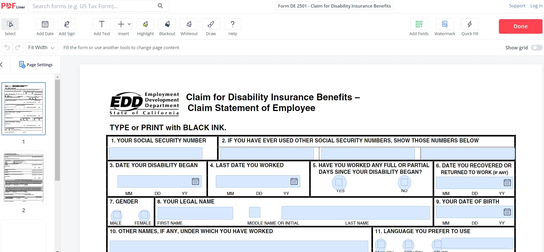 Claim For Disability Insurance DI Benefits Form DE 2501 PDFliner