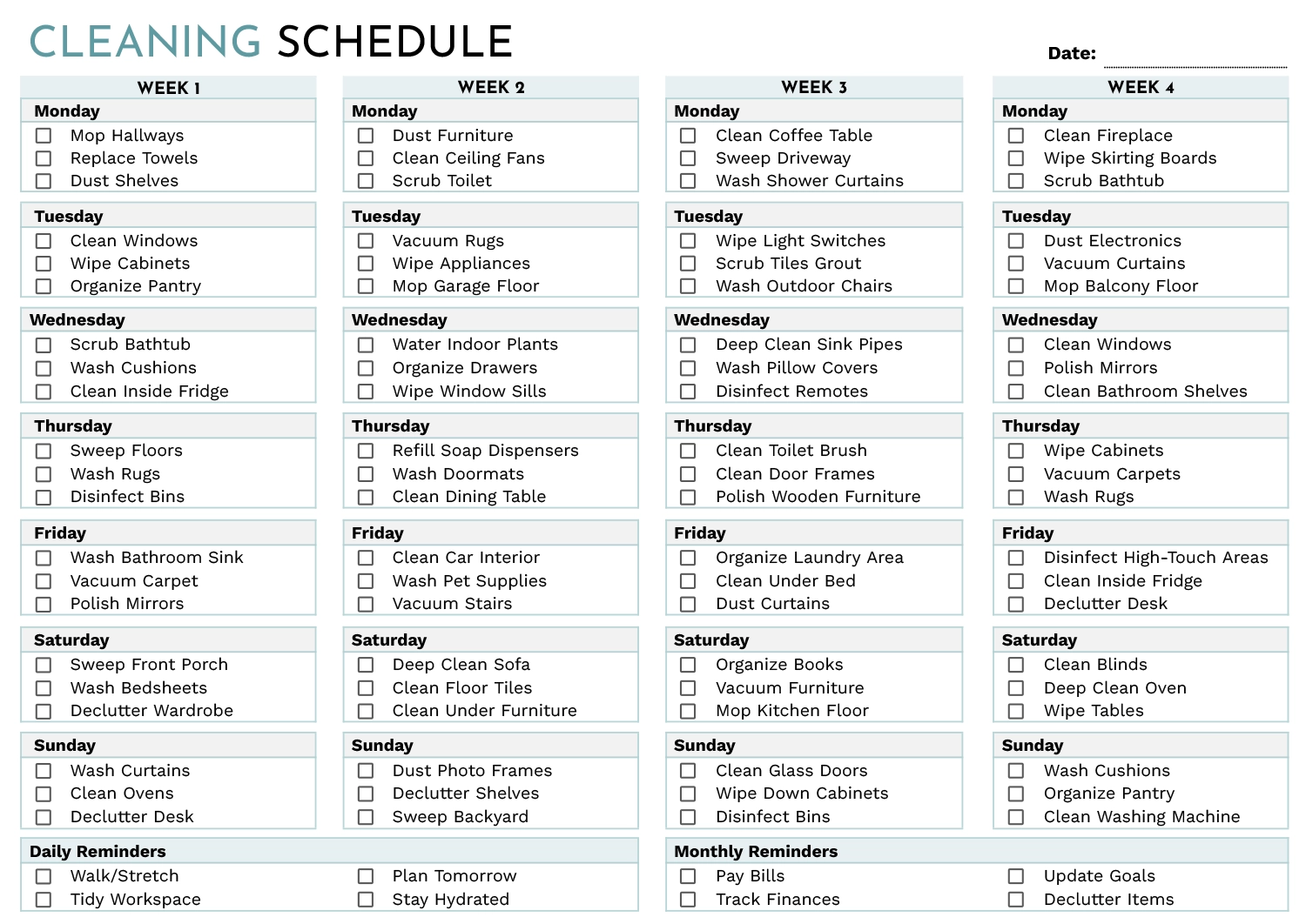 house cleaning schedule template