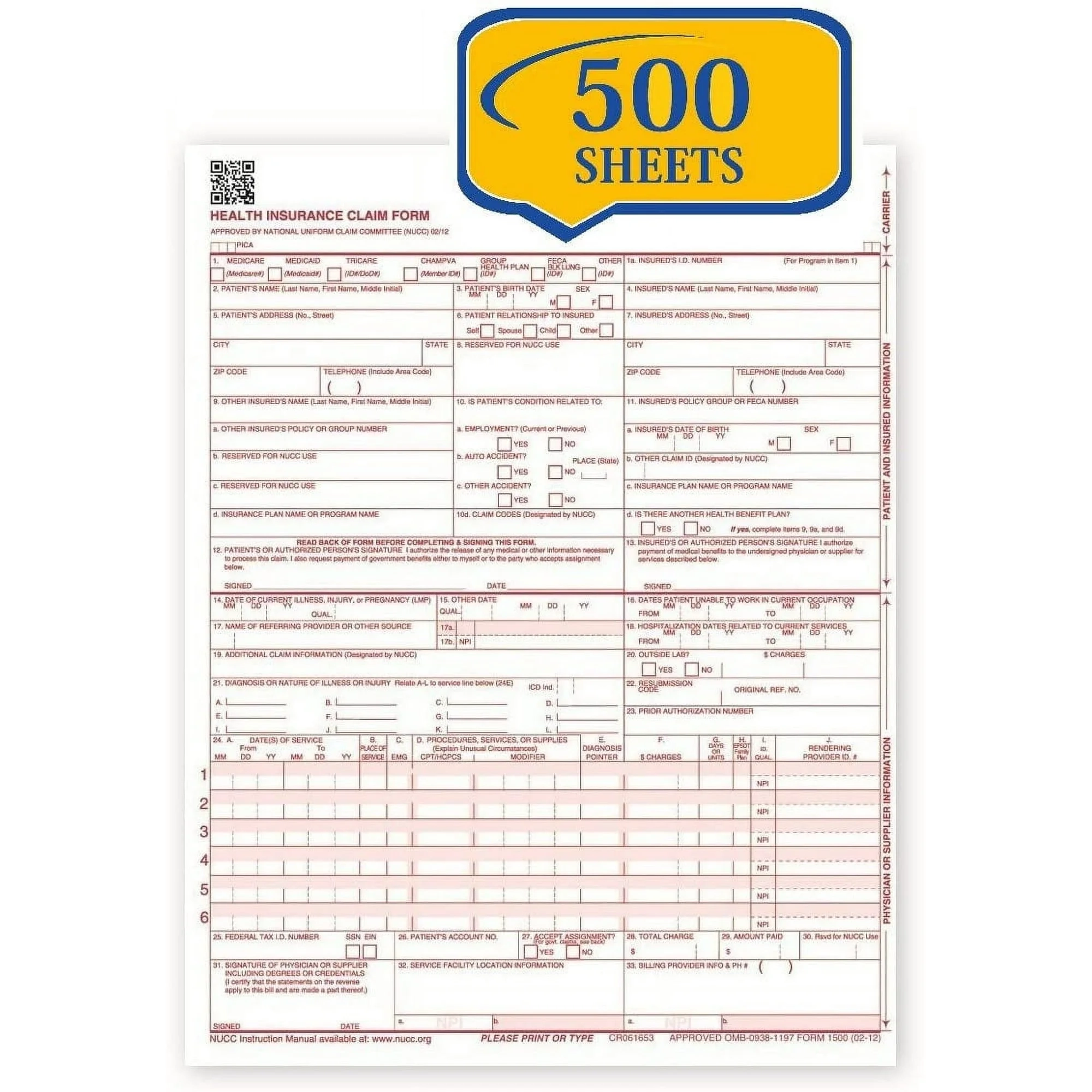 CMS 1500 Health Insurance Claim Forms New 02 12 Version HCFA Pack Of 500 Sheets Walmart