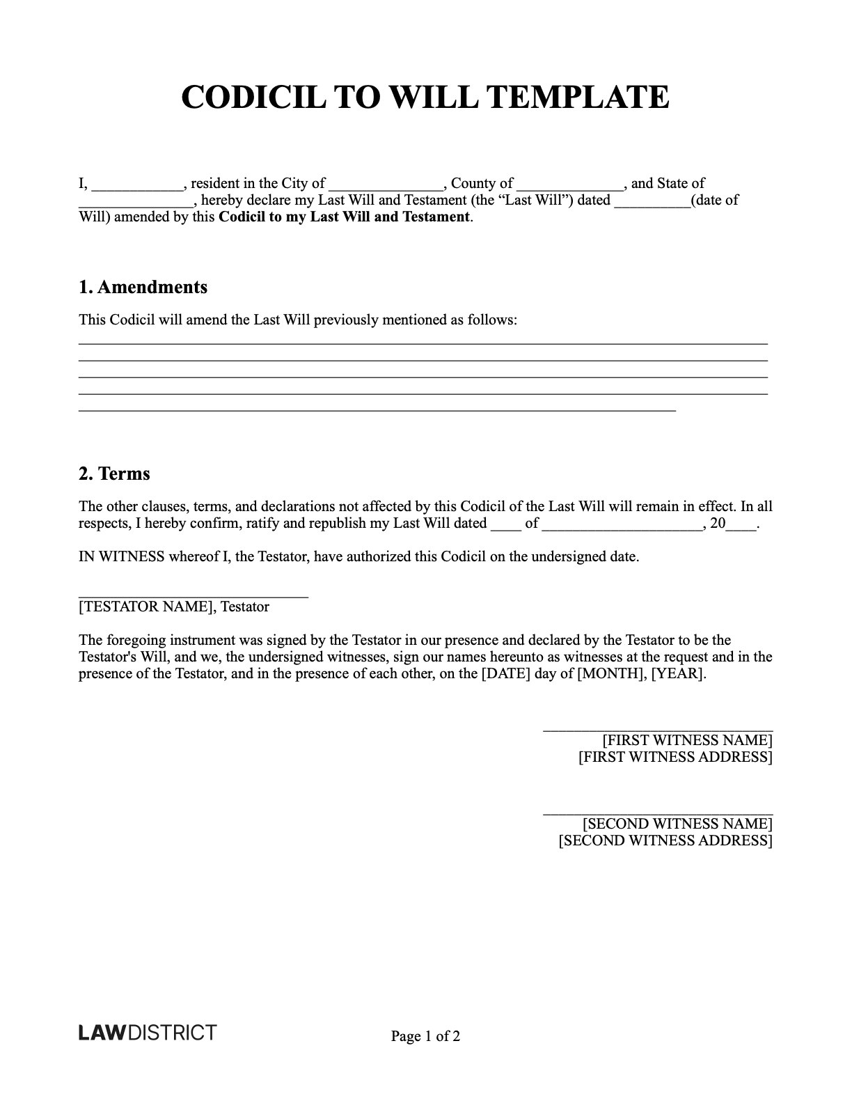 Codicil To Will Form Free Printable PDF Word Lawdistrict