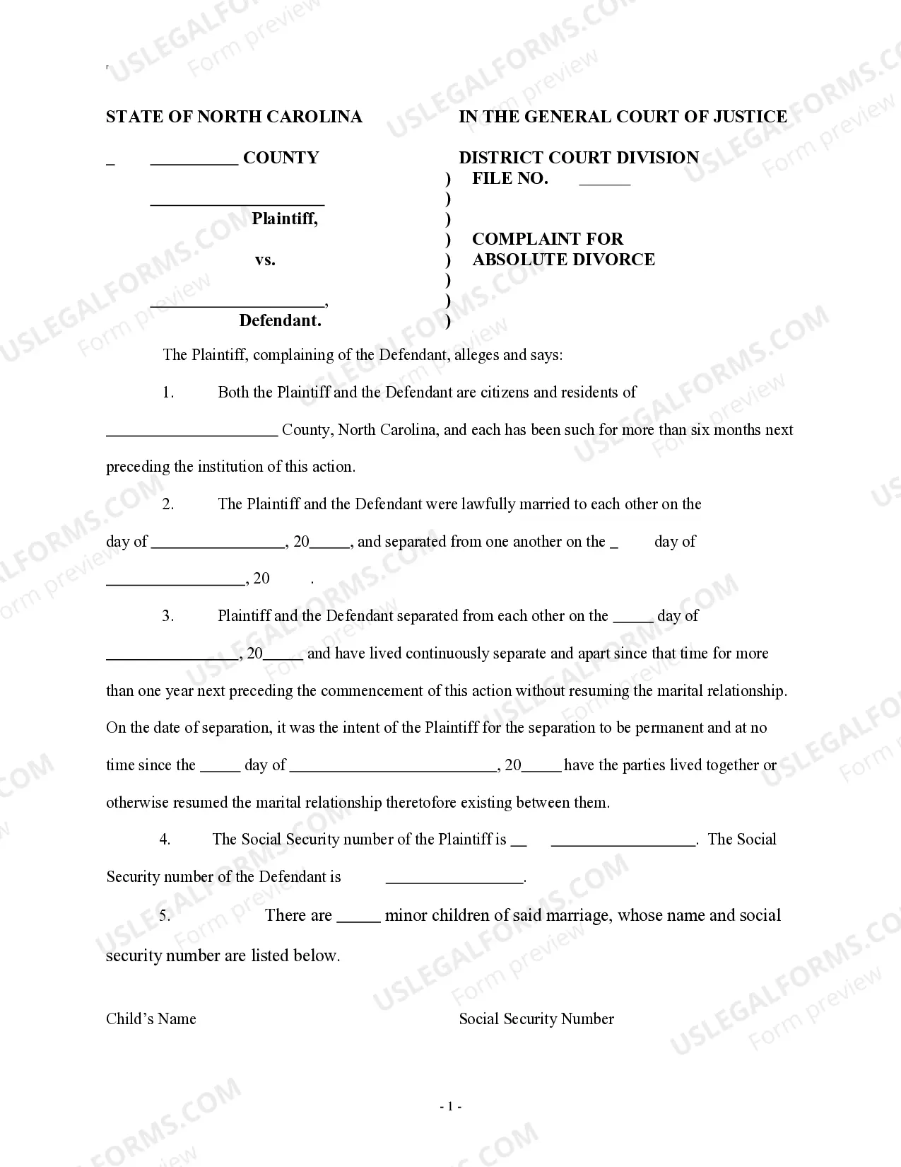 Complaint For Absolute Divorce Nc Without An Attorney US Legal Forms