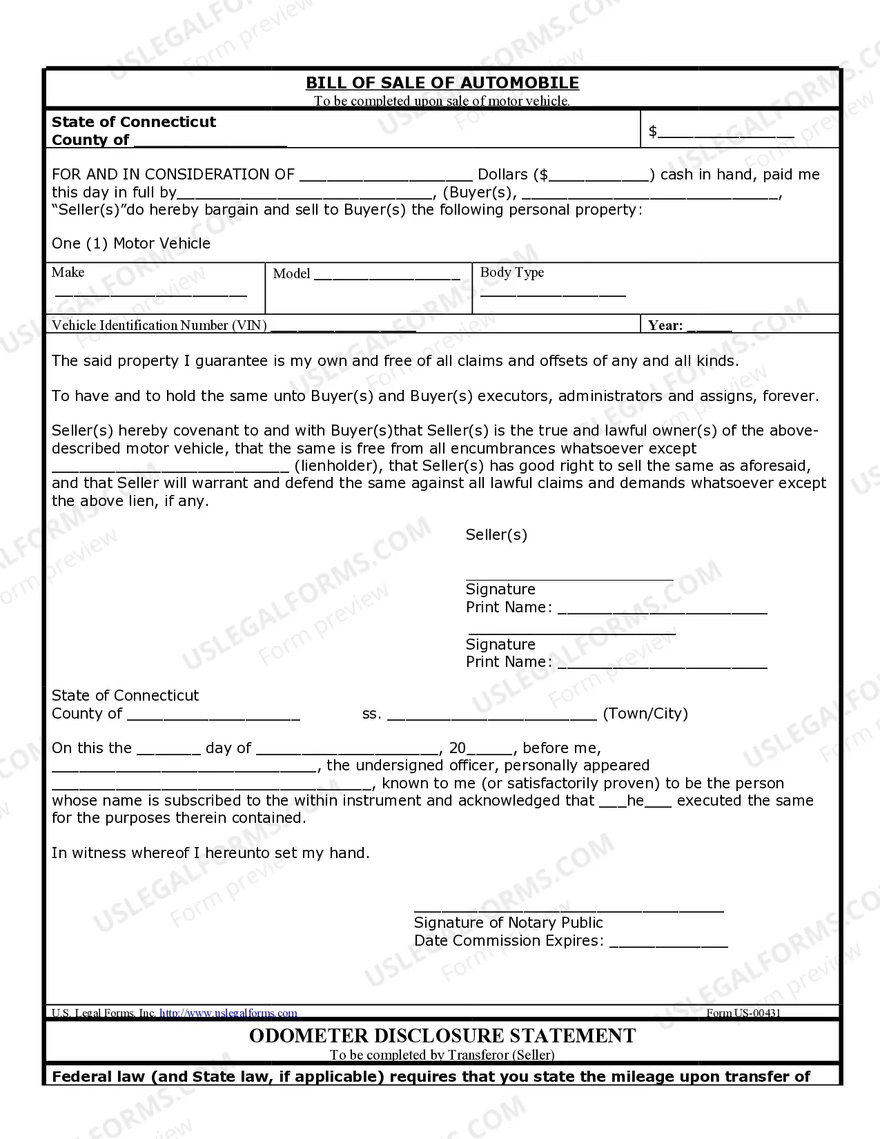 Connecticut Bill Of Sale Of Automobile And Odometer Statement US Legal Forms