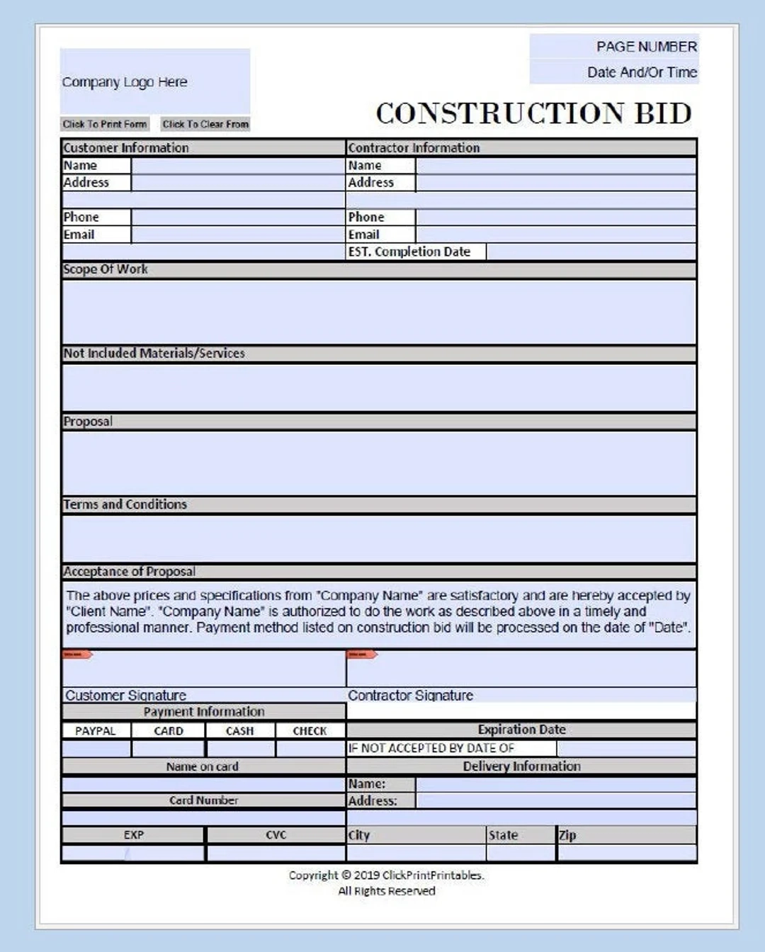 Construction Bid Form Template Printable Fill in PDF 8 5x11 Etsy