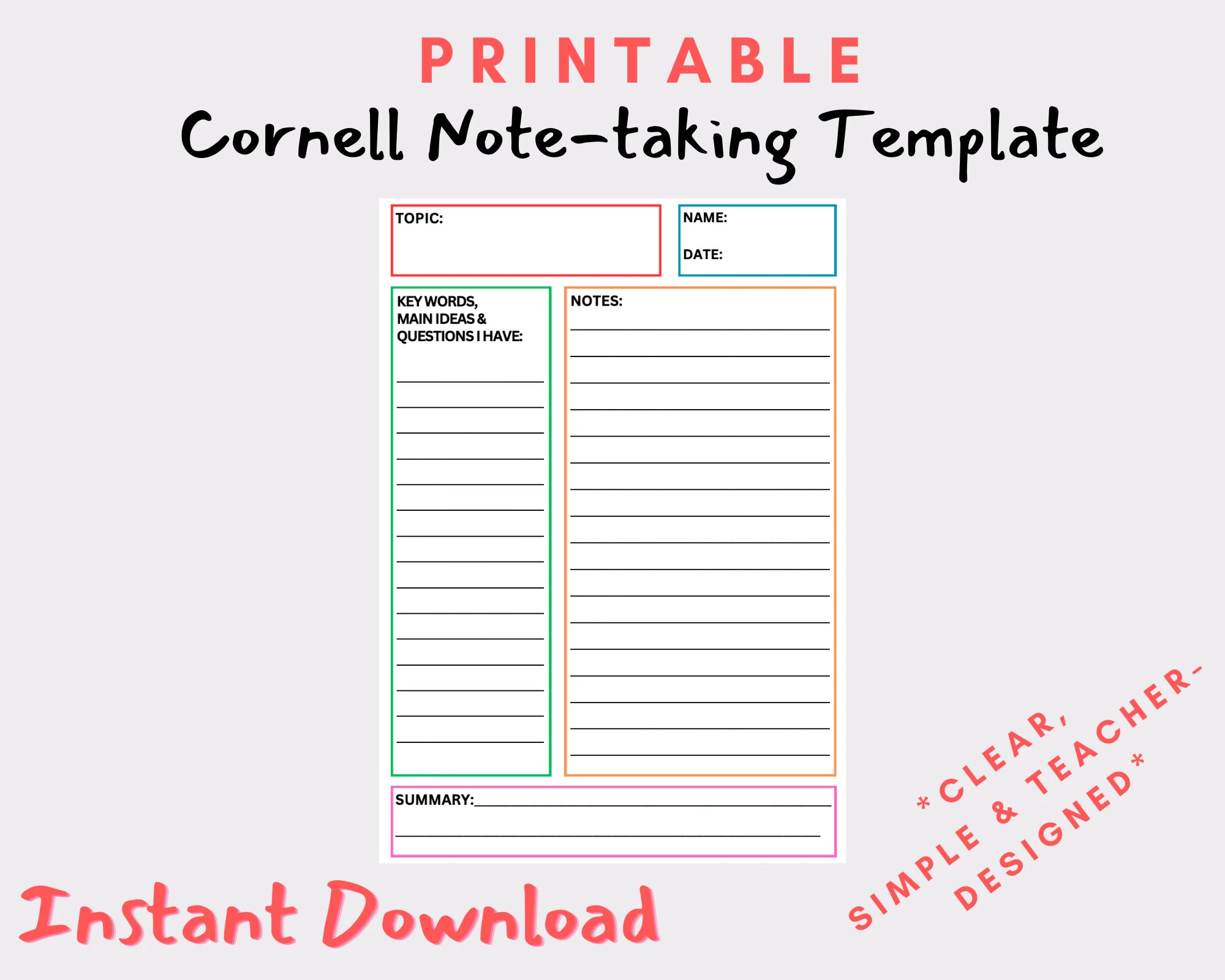 Cornell Note Taking Template simple Etsy