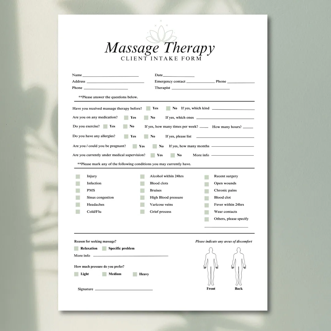 Customisable Massage Therapy Client Intake Form Printable Digital PDF Download For Massage Therapists Wellness Practitioners And Spas Etsy