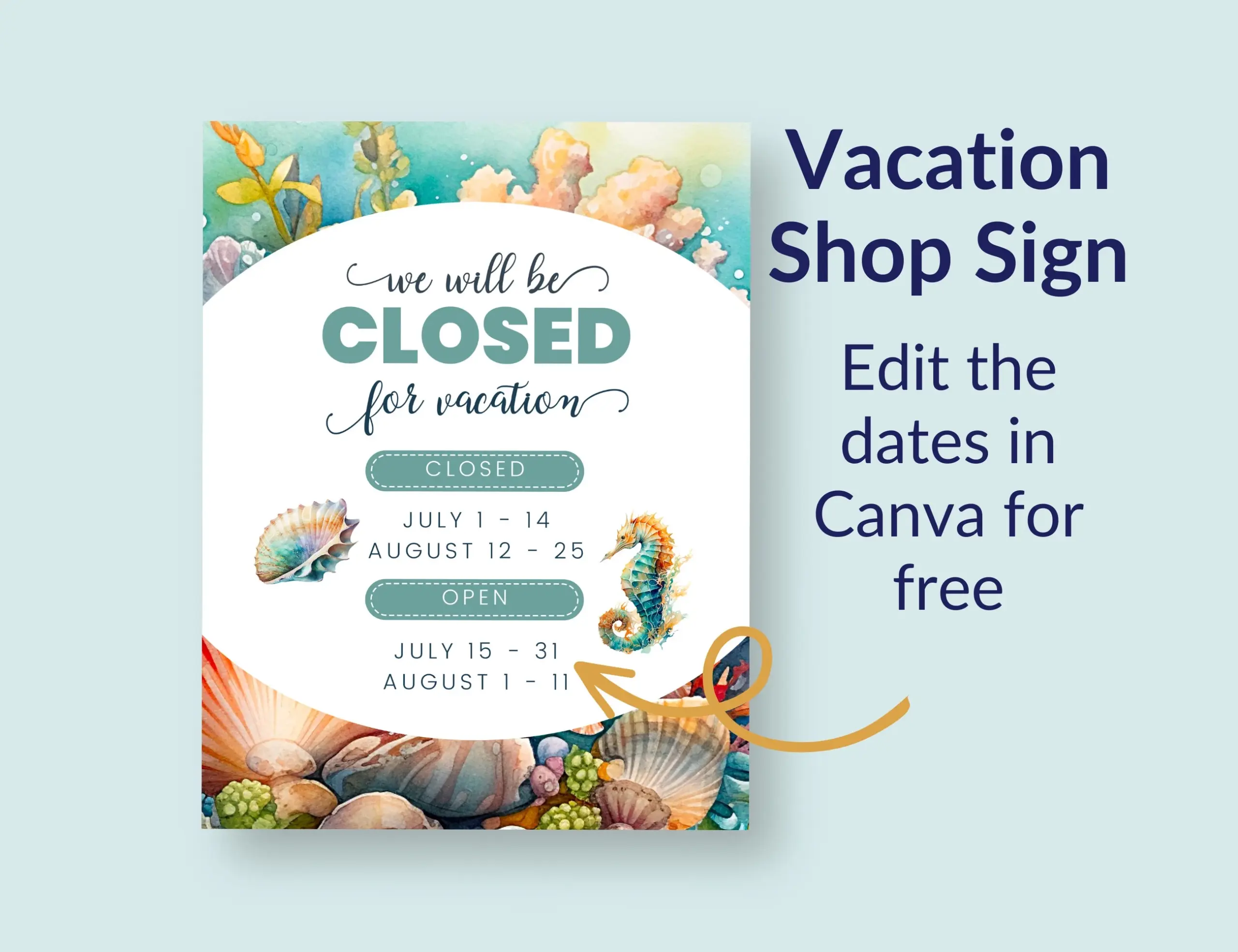 Customizable Shop Closed Sign Ocean Theme Vacation Hours printable Etsy