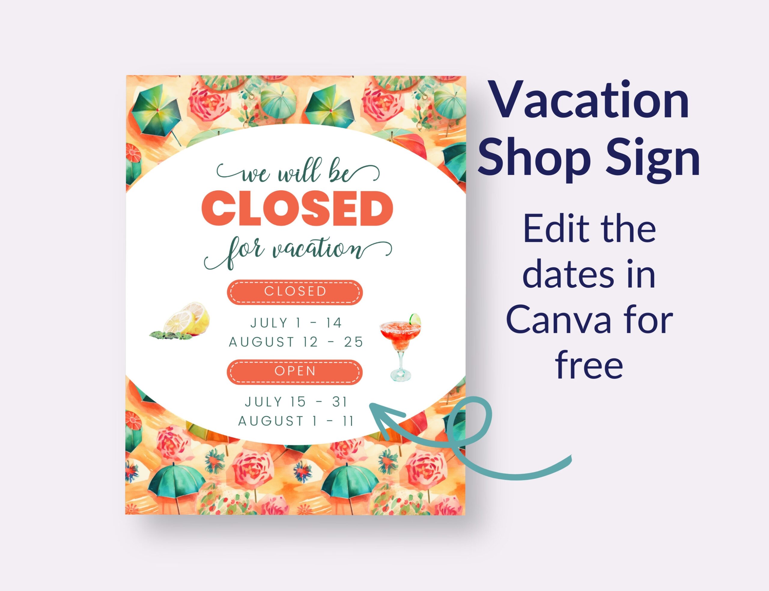 Customizable Shop Closed Sign Summer Vacation Theme instant Download Etsy