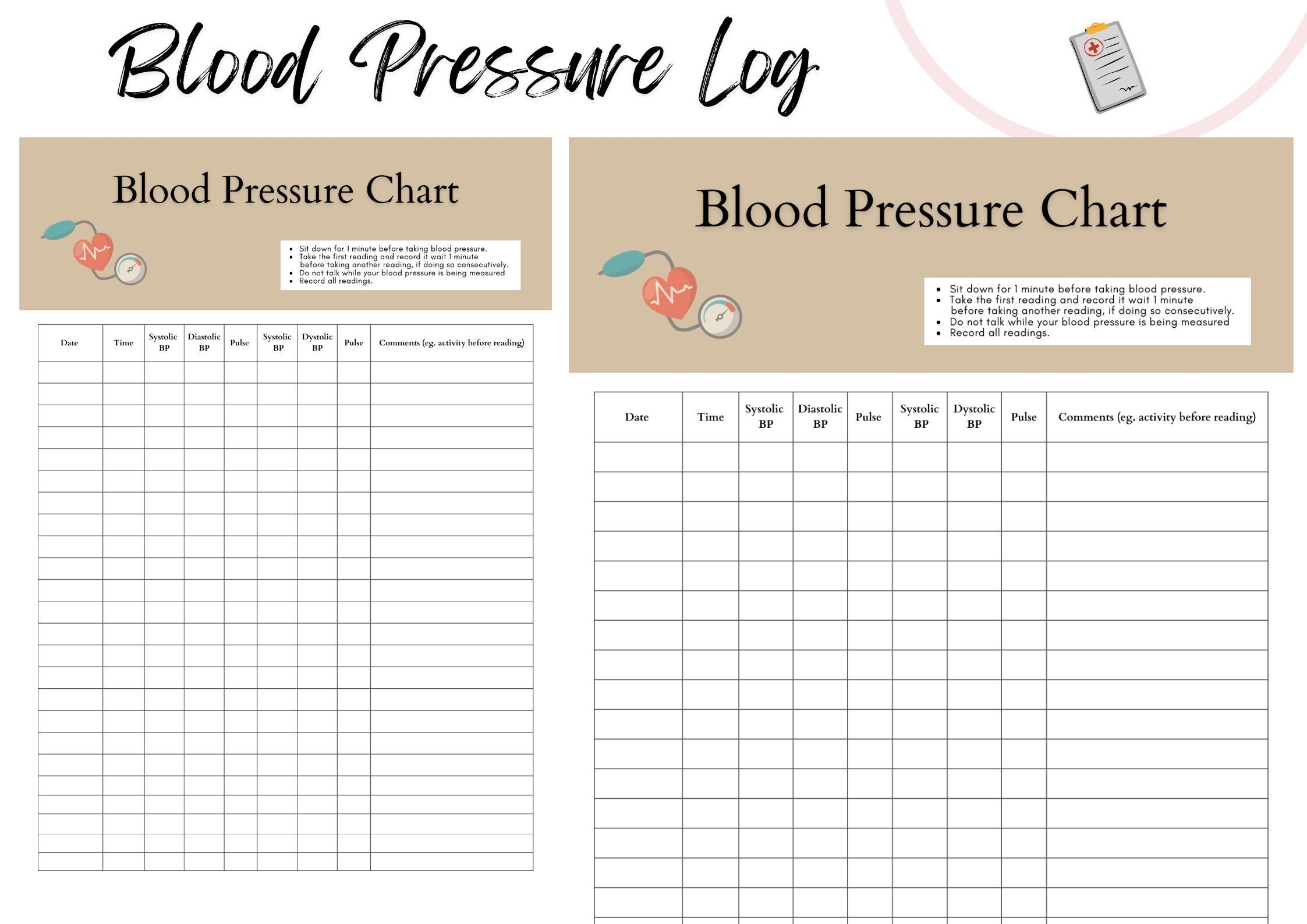 Daily Blood Pressure Tracker Printable Medical Log PDF Etsy