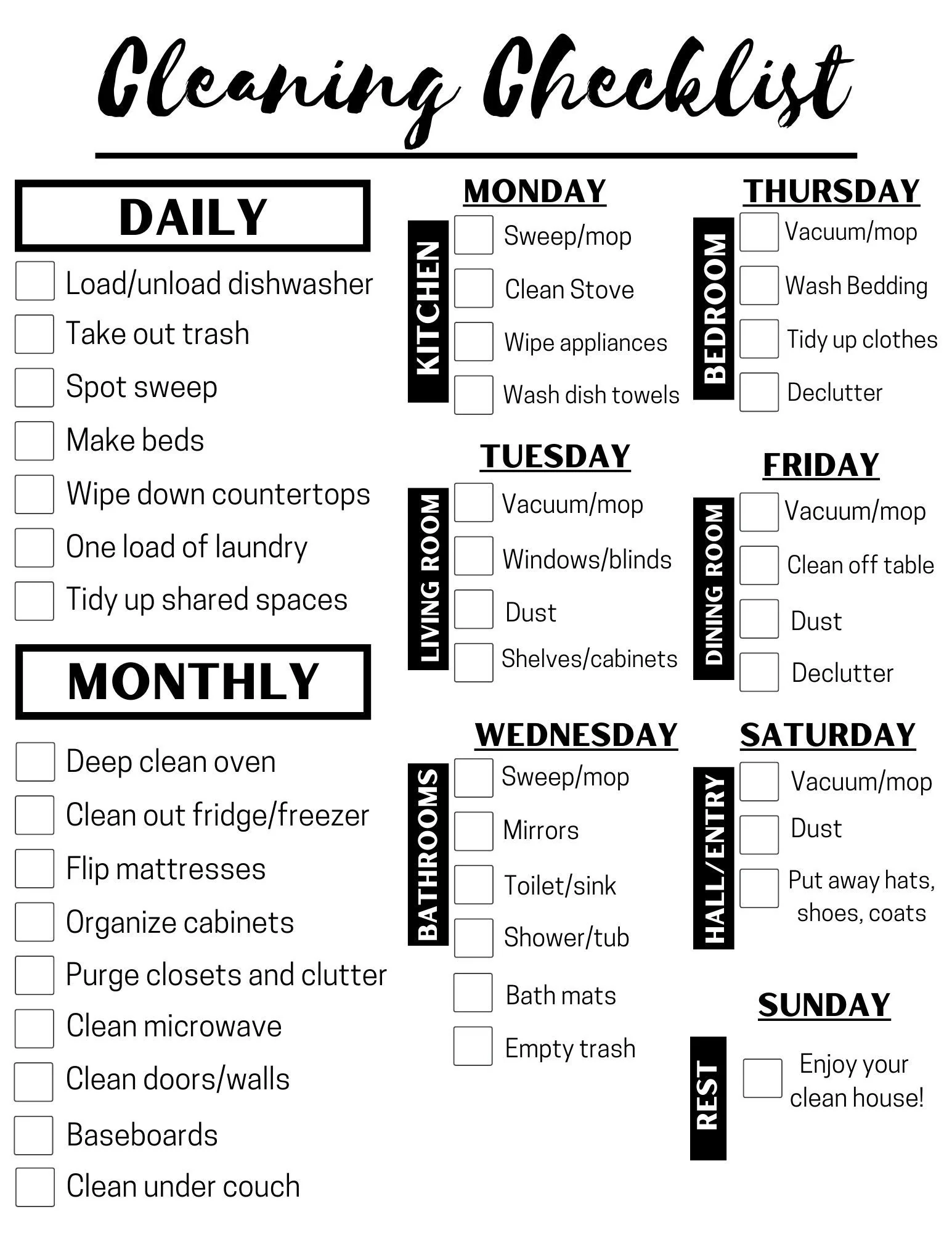weekly house cleaning checklist