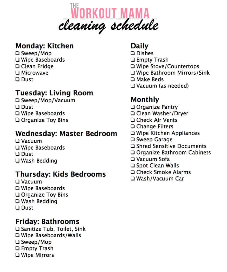 Daily Weekly Monthly Cleaning Schedule The Workout Mama