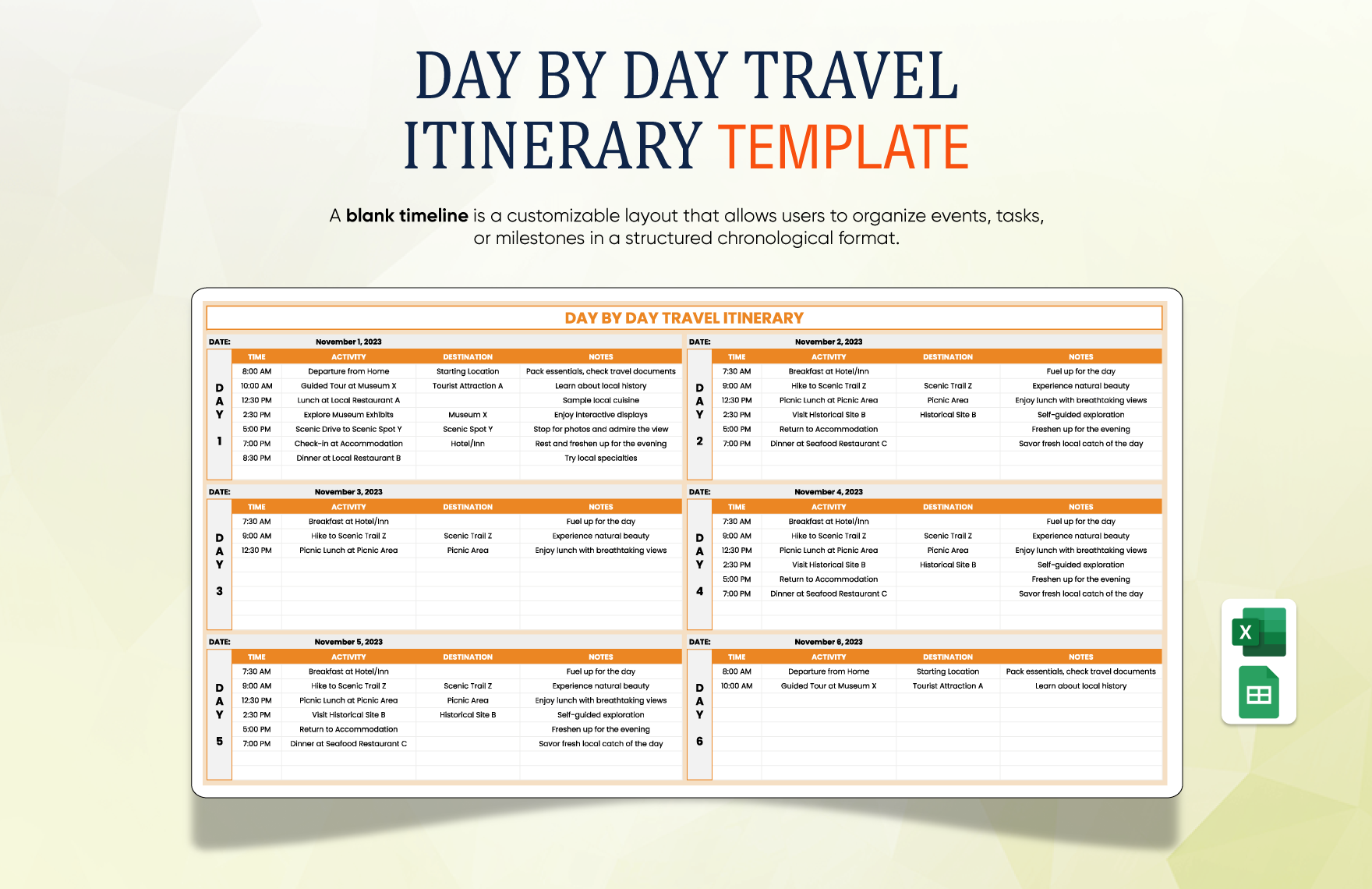 Day By Day Travel Itinerary Template In Excel Google Sheets To Download Template