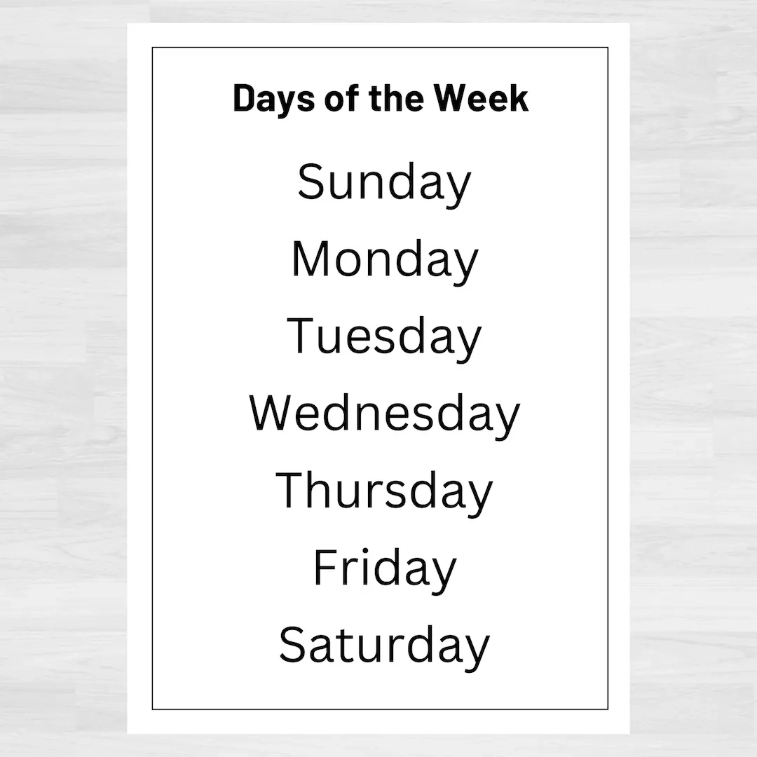 Days Of The Week Printable Chart Pre k Learning digital Download Etsy