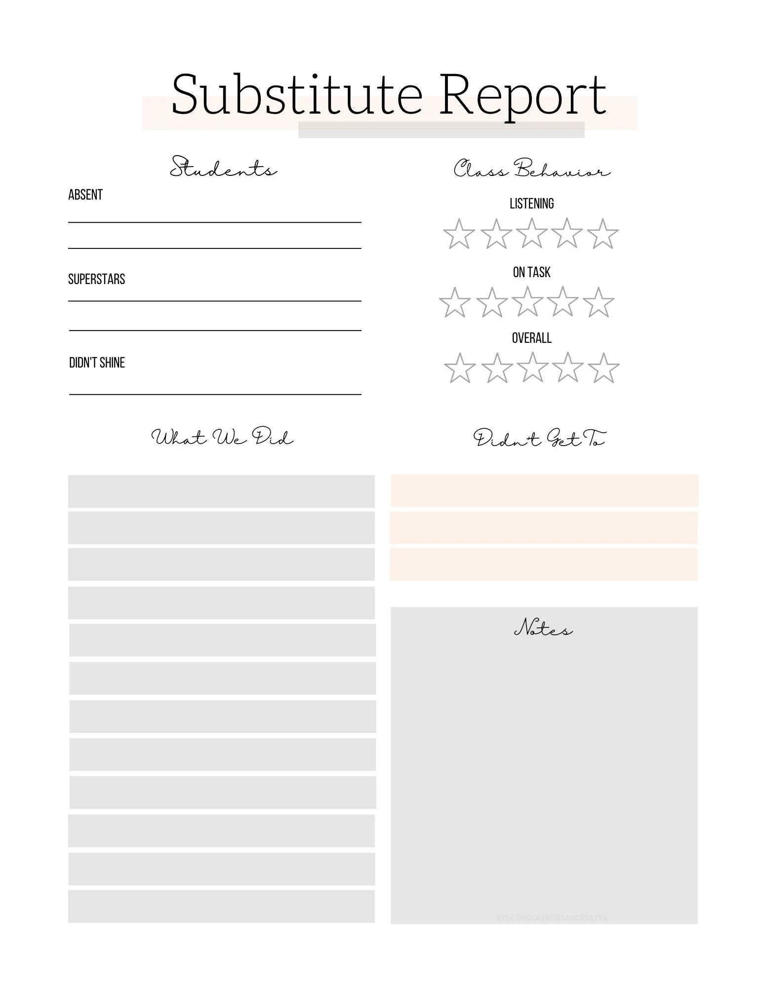 Delicate Substitute Report Substitute Teacher Class Report Card Etsy Israel