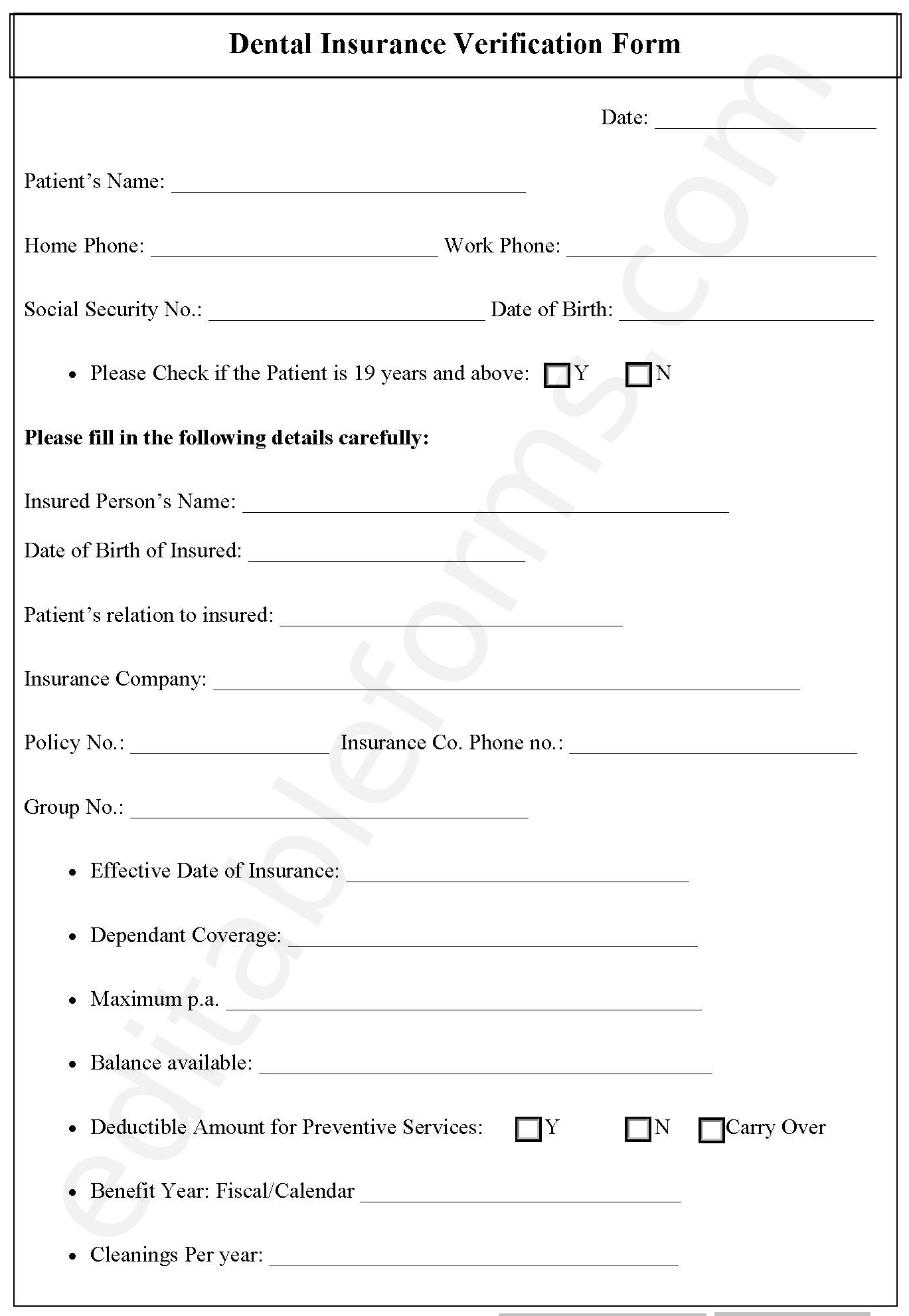Dental Insurance Verification Form Editable PDF Forms