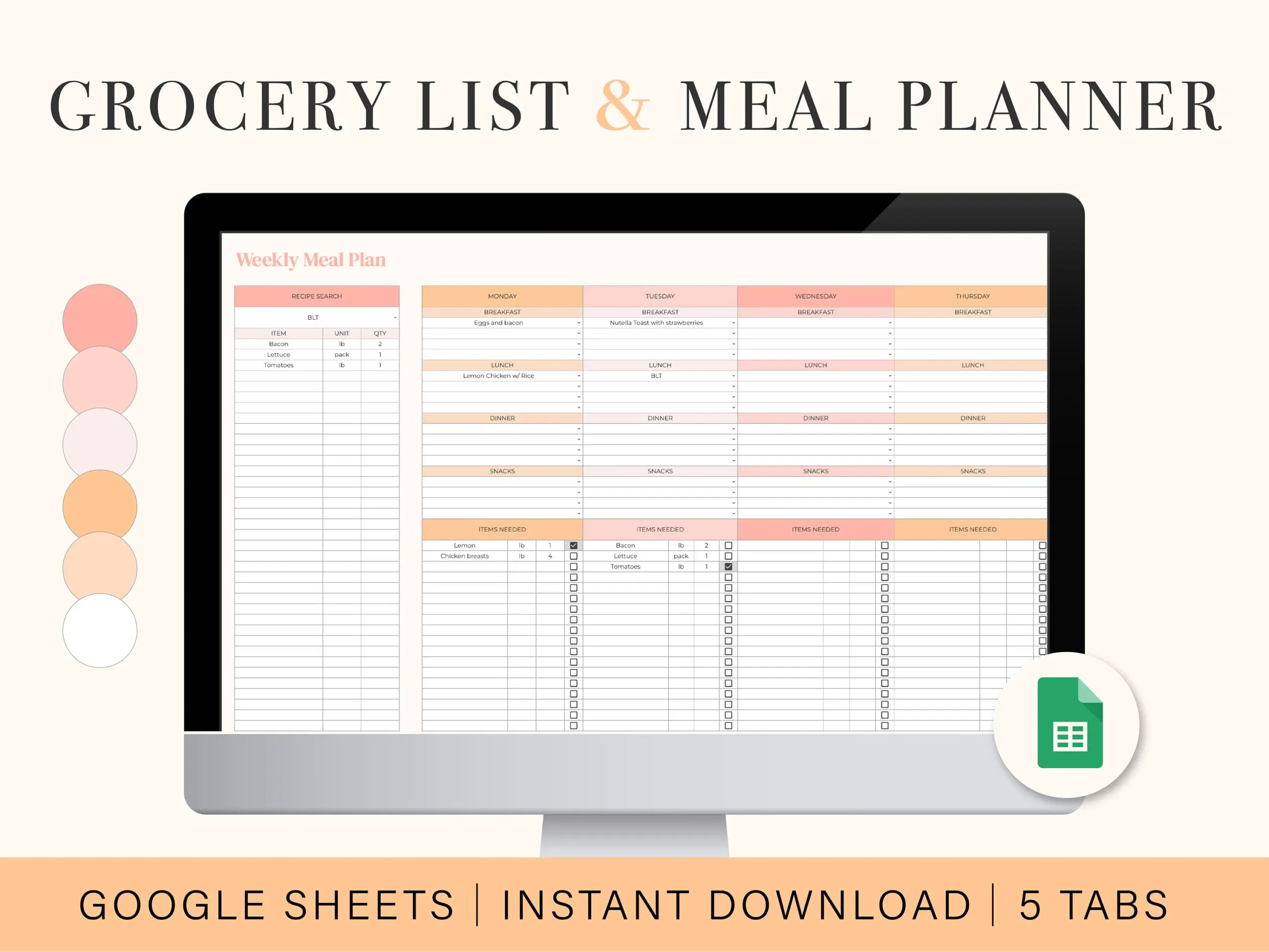 Digital Grocery List Meal Planner Google Sheets Spreadsheet Template Weekly Meal Planning Family Meal Planner Meal Prep Etsy