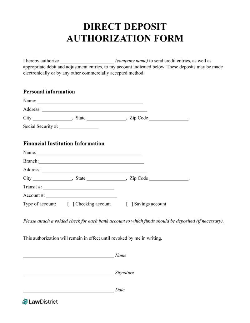 Direct Deposit Authorization Form Free PDF Lawdistrict