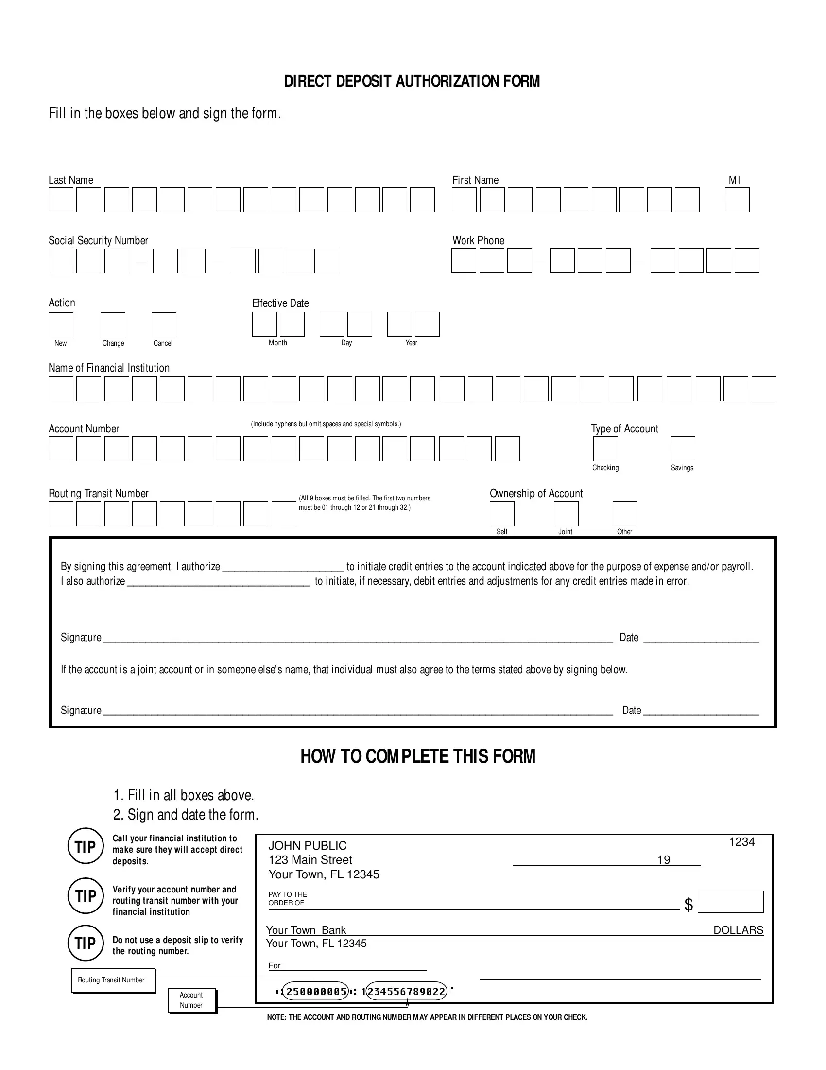 free printable direct deposit form pdf