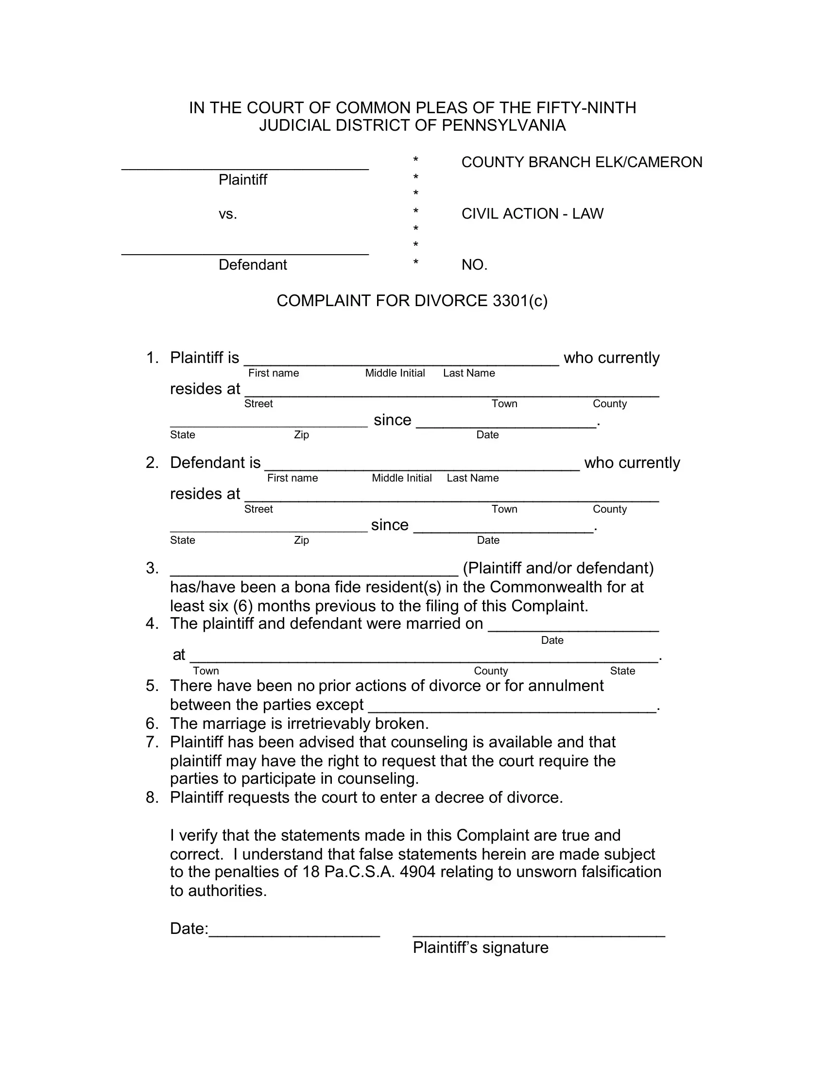 Divorce Form In Pa Fill Out Printable PDF Forms Online